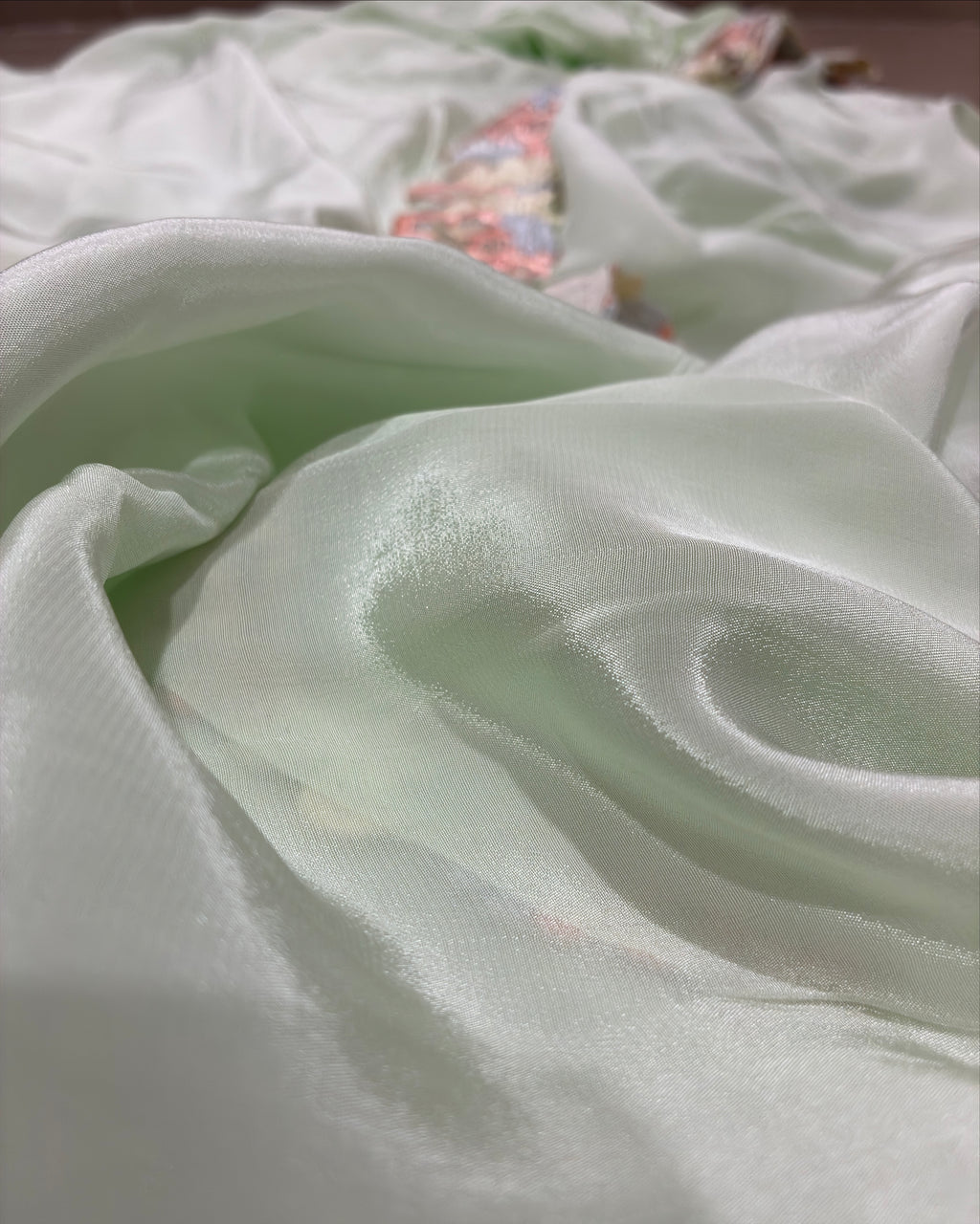 Pastel Green Crepe Saree with Floral Lace Border