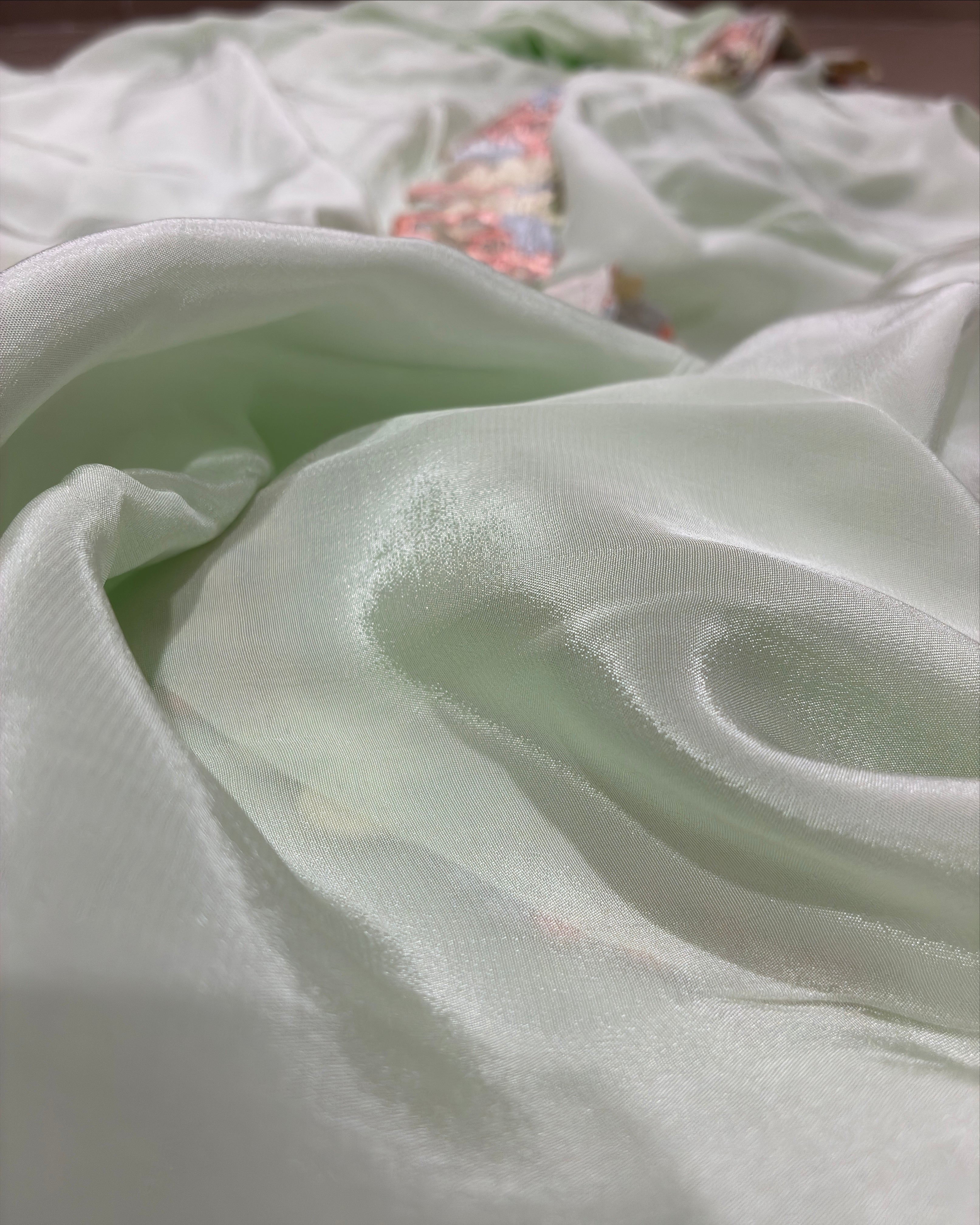 Pastel Green Crepe Saree with Floral Lace Border