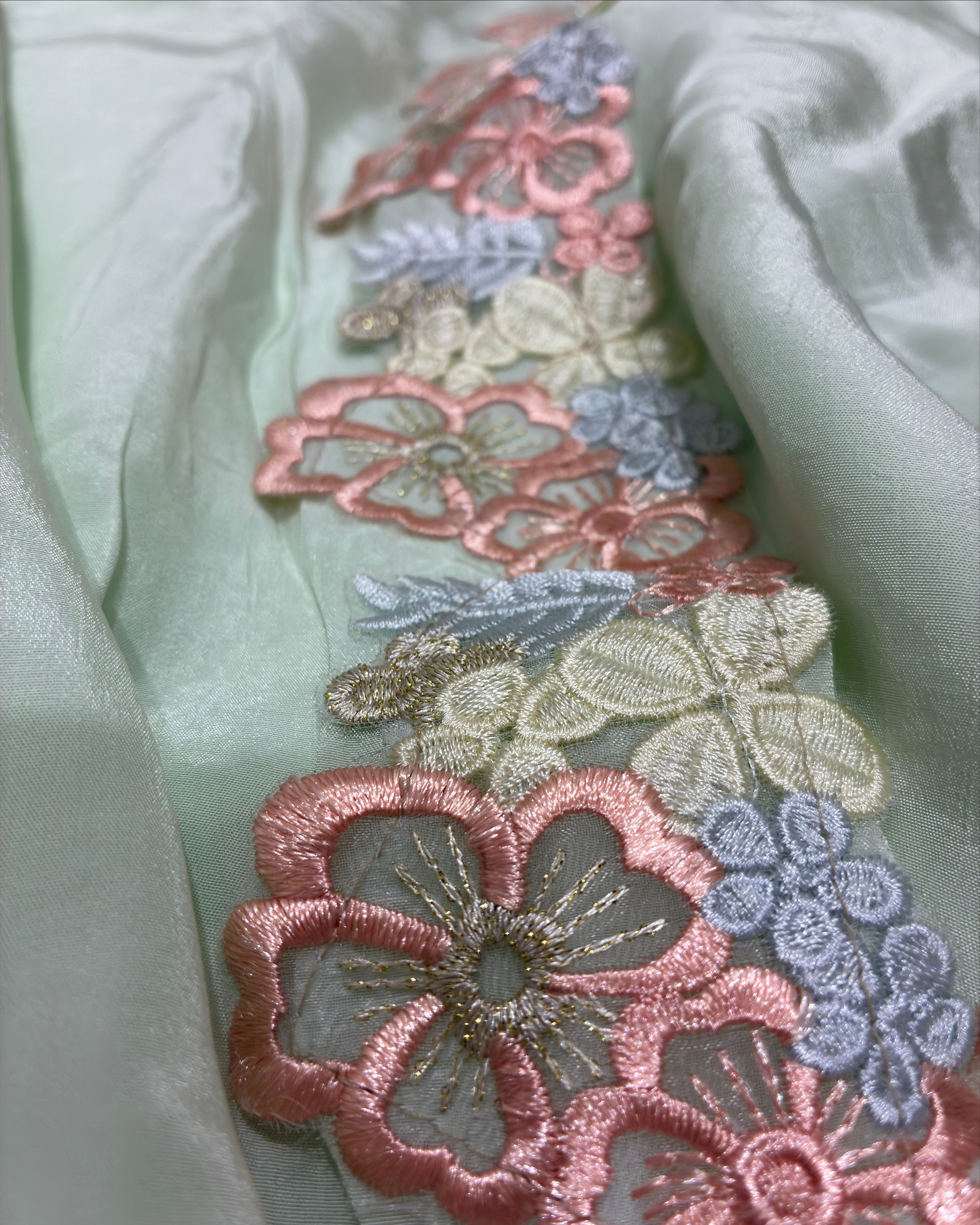 Pastel Green Crepe Saree with Floral Lace Border