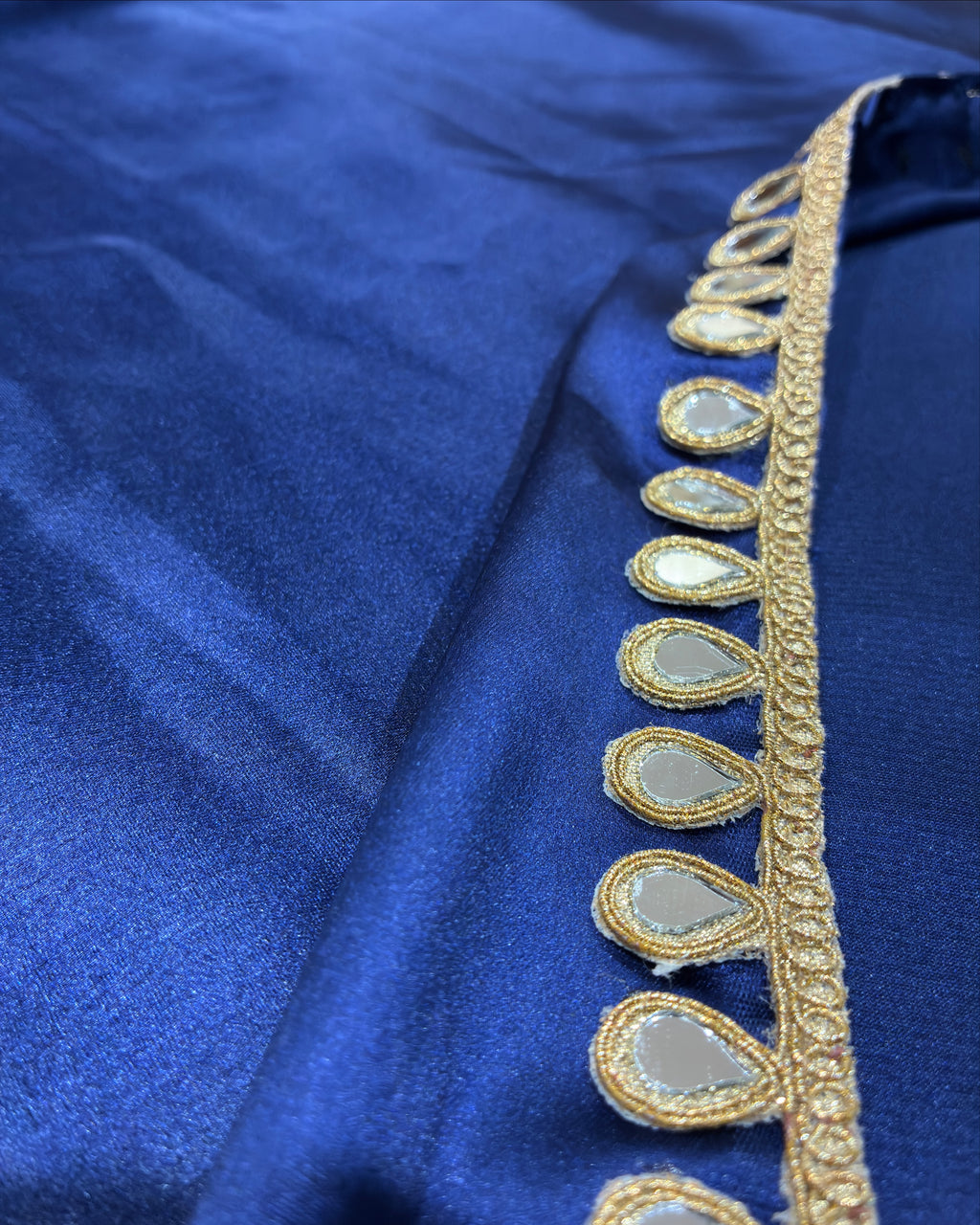 Navy Blue Satin Saree with Mirror Work Lace