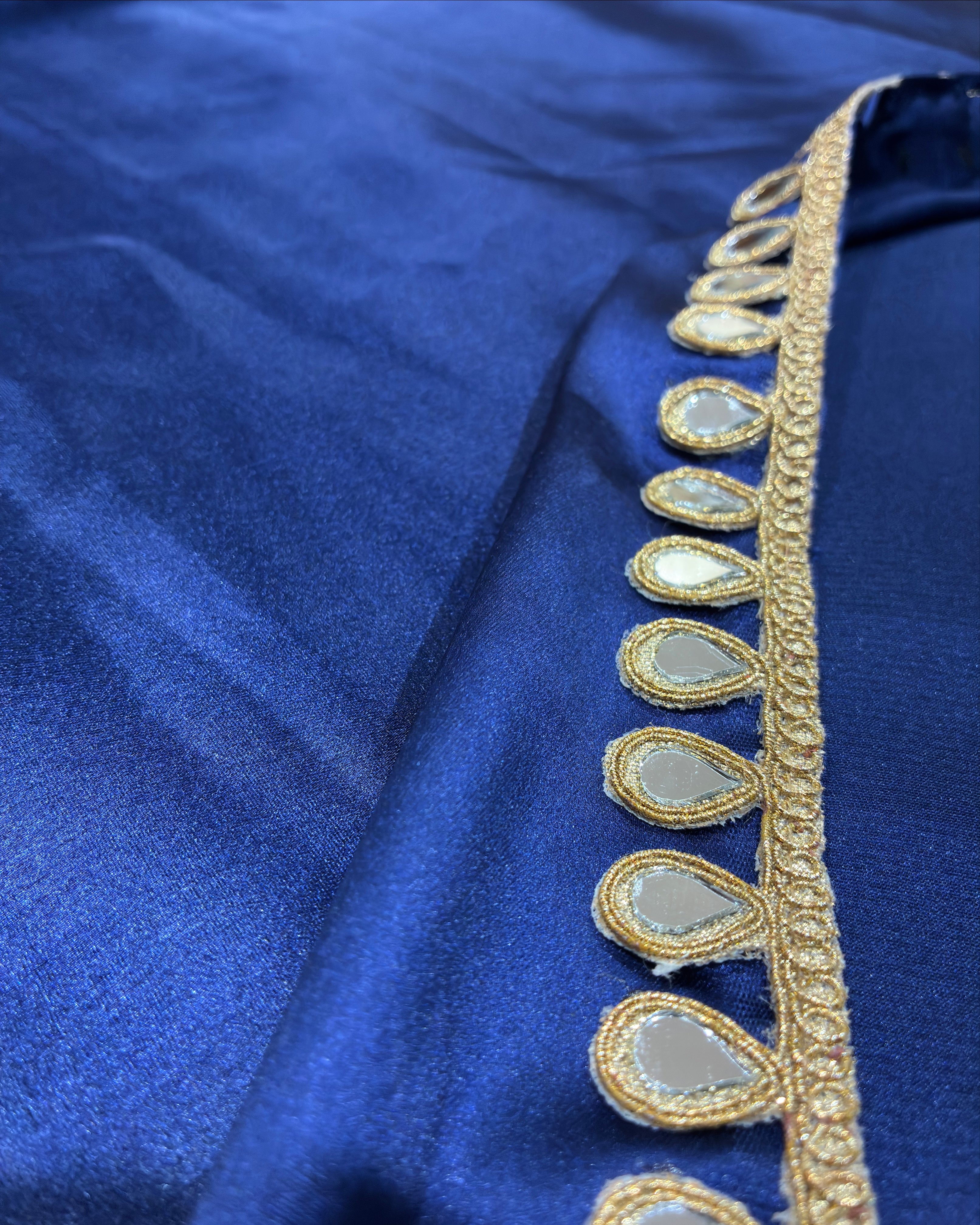 Navy Blue Satin Saree with Mirror Work Lace