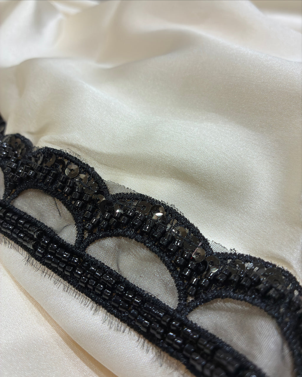 Off White Satin Saree with Black Pearl Lace