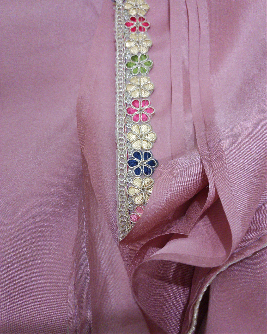Dusty Rose Satin Saree with Flower Lace