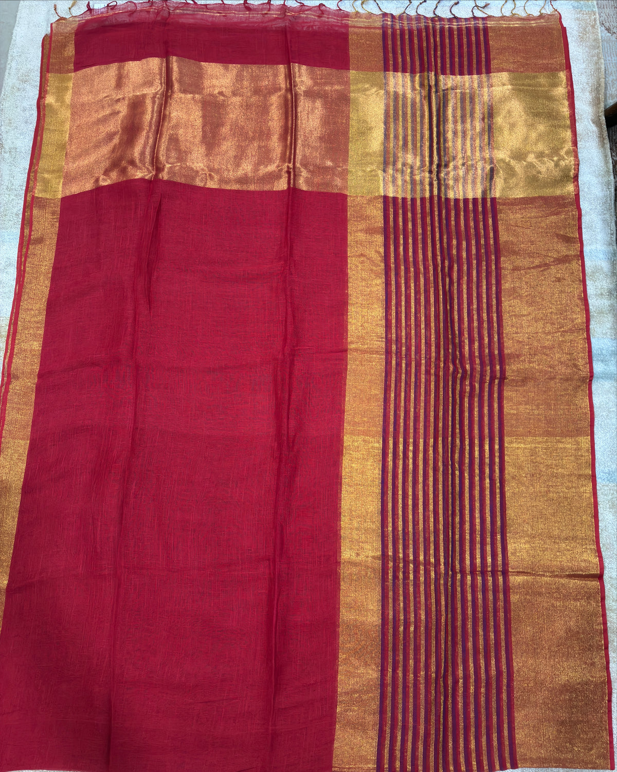 Red Gold Linen Tissue Saree