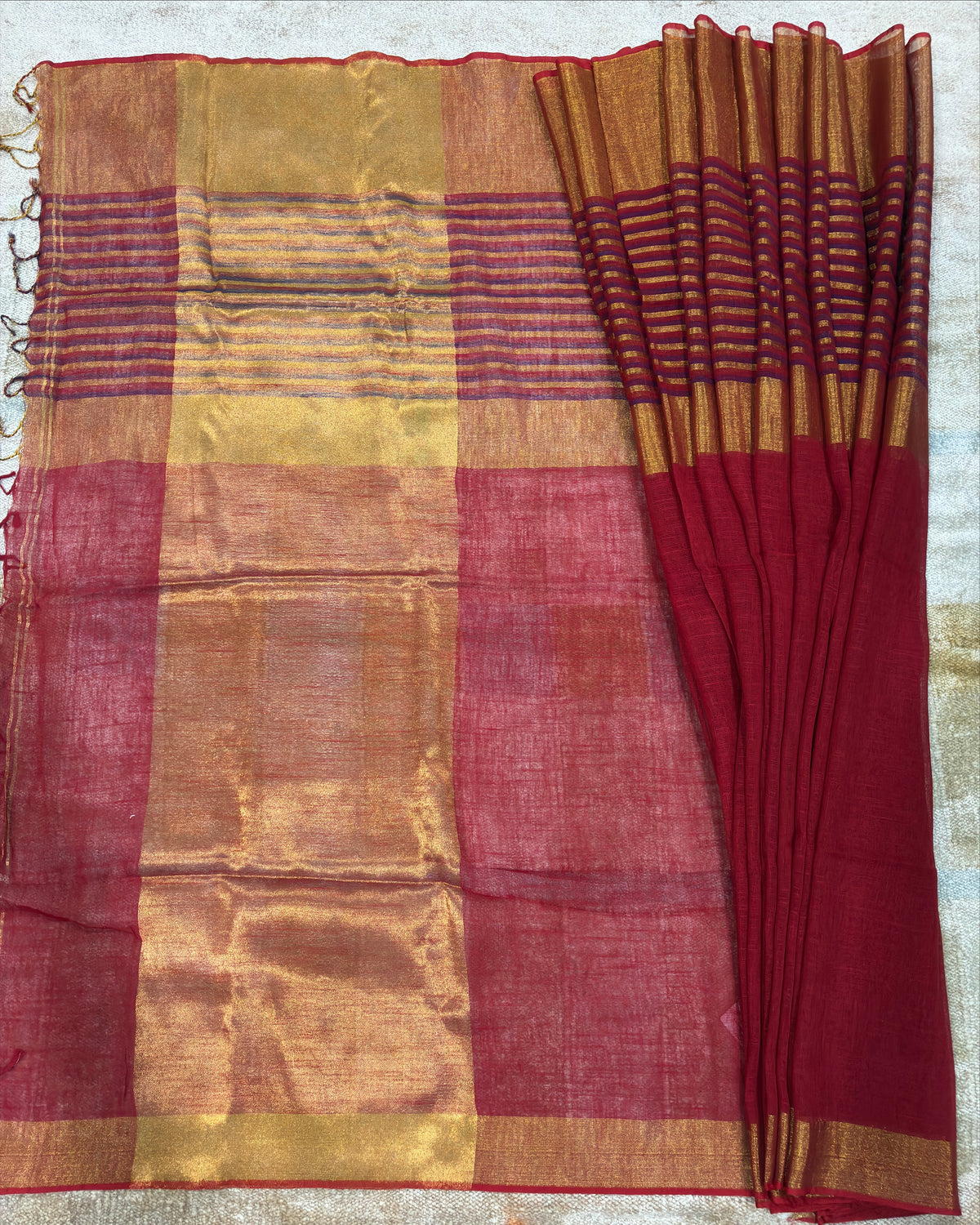 Red Gold Linen Tissue Saree
