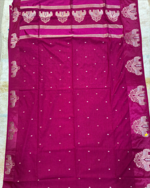 Elephant Boarder Magenta Silk Saree