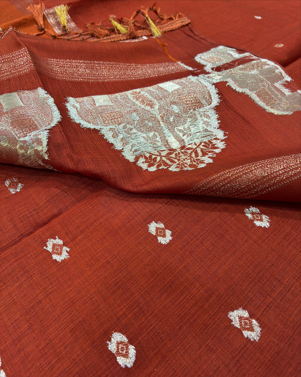 Elephant Border Terracotta Orange Silk Saree