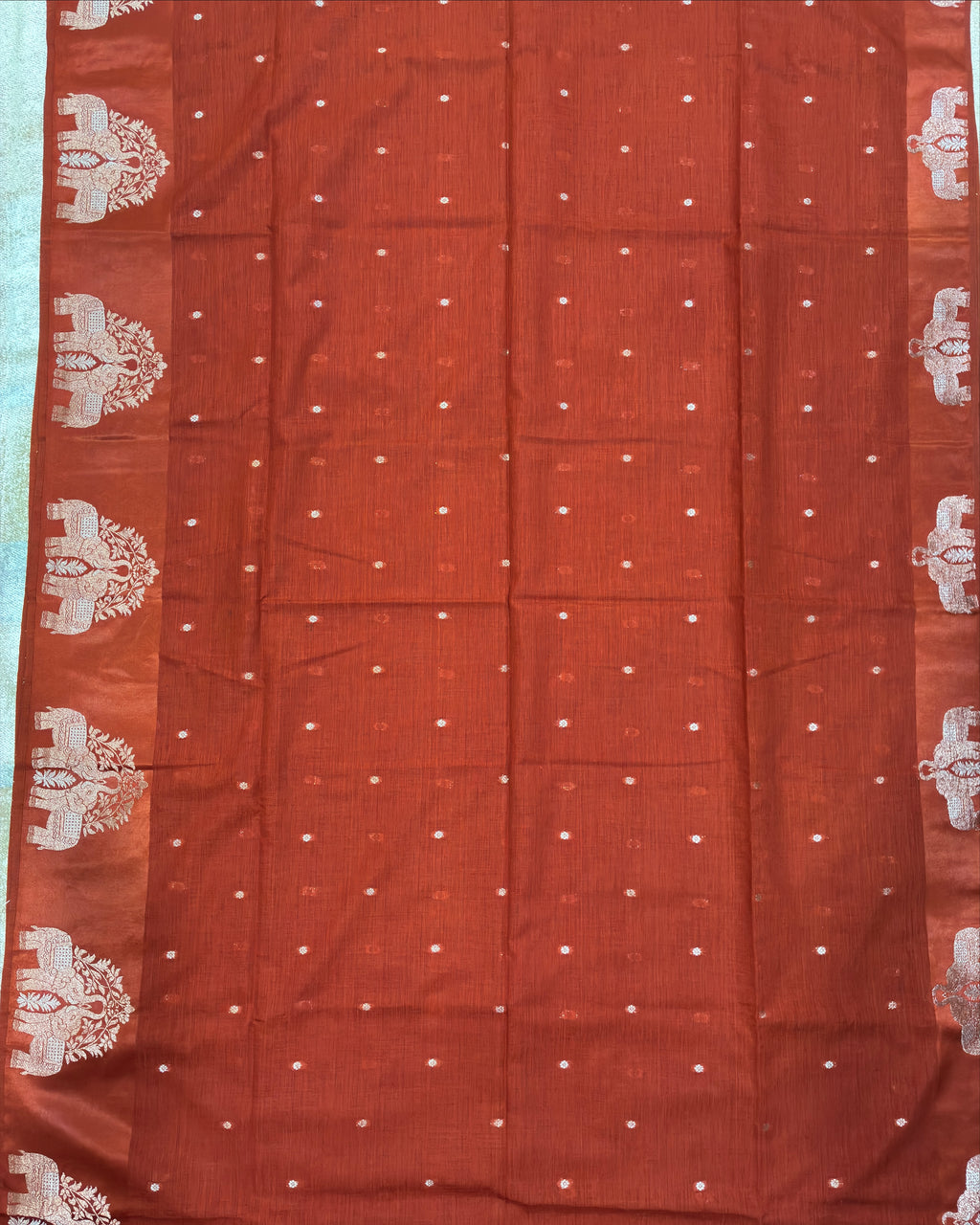 Elephant Border Terracotta Orange Silk Saree