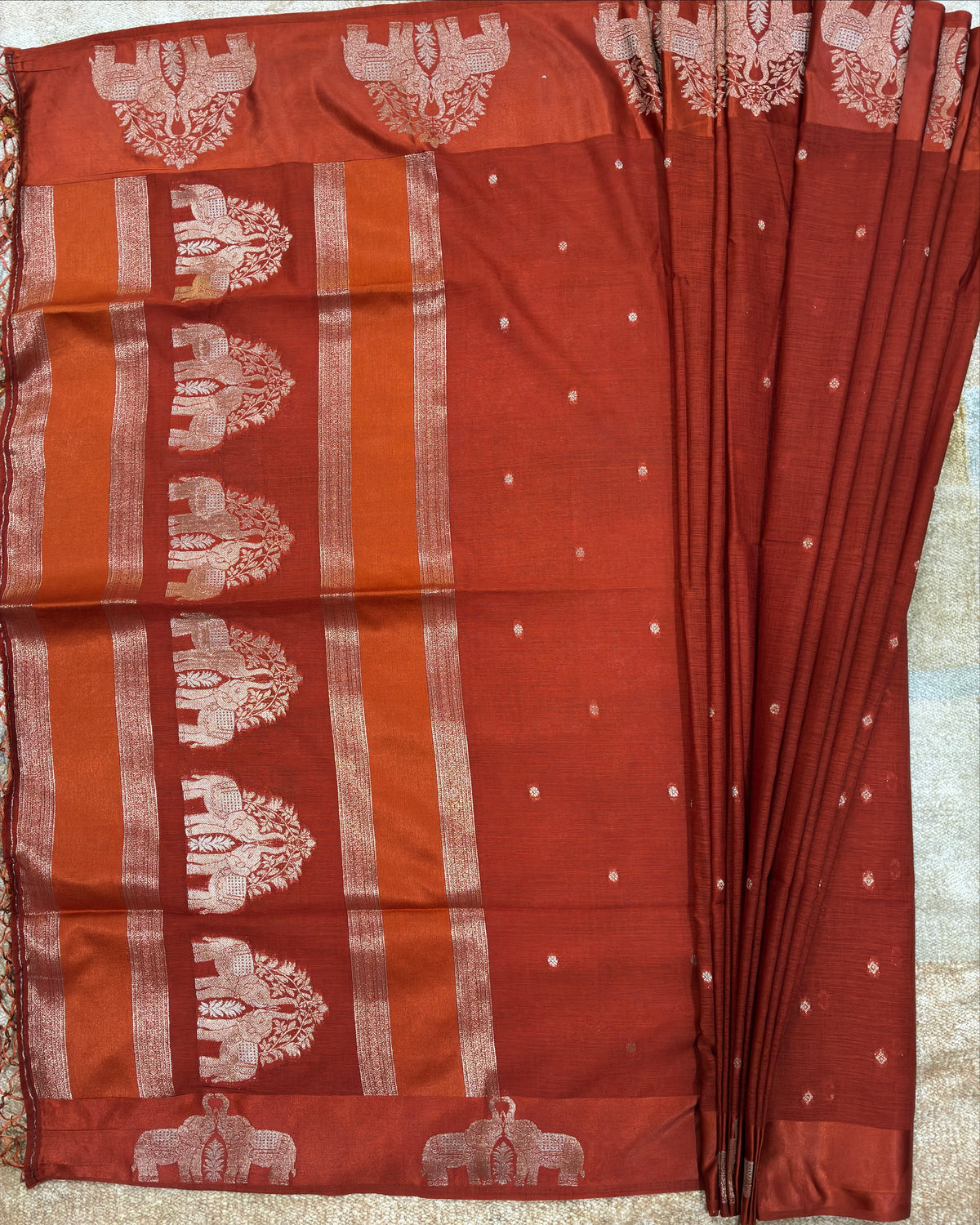 Elephant Border Terracotta Orange Silk Saree