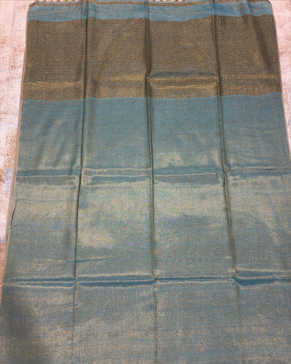Powder Blue Linen Tissue Saree with Gold Pallu