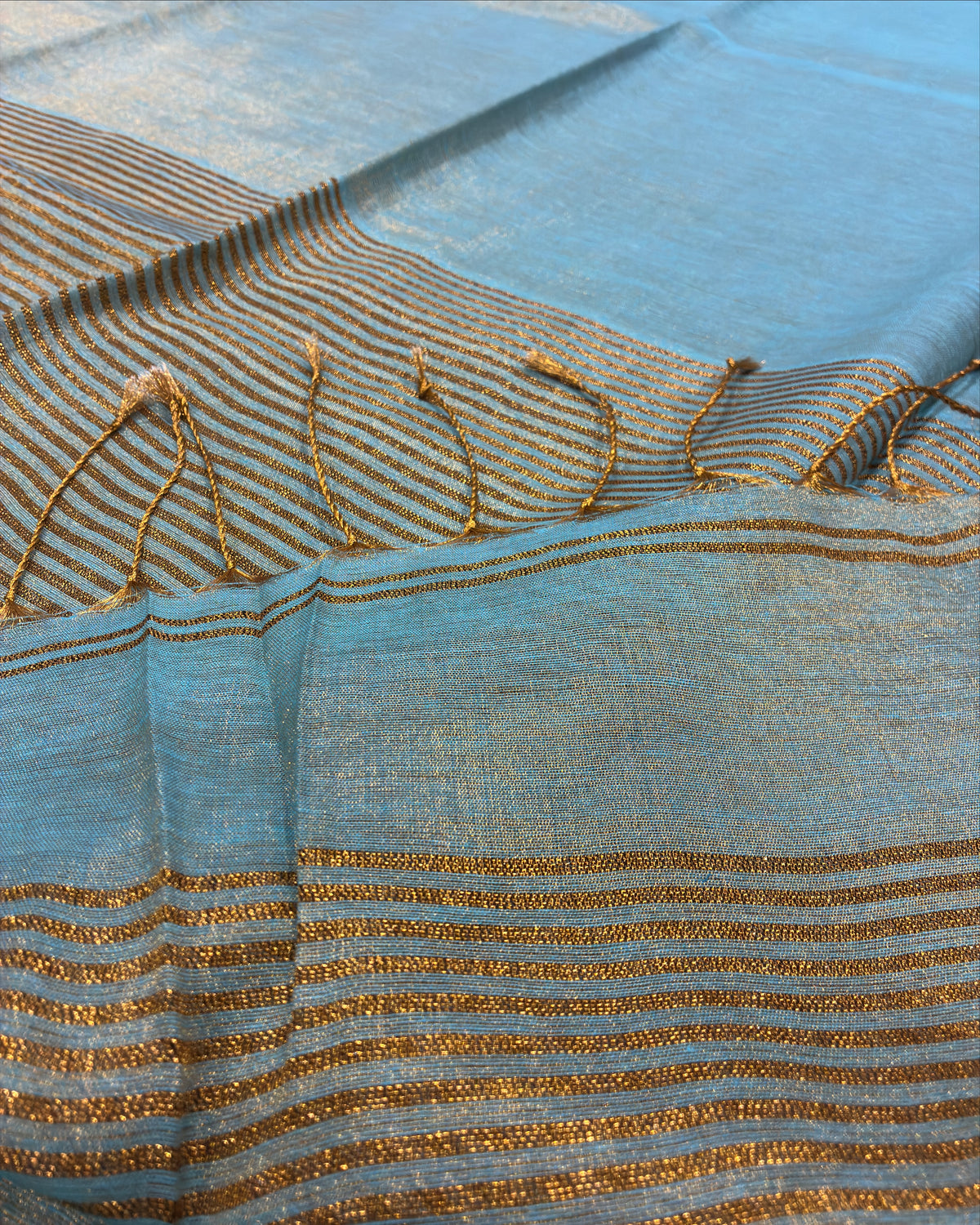 Powder Blue Linen Tissue Saree with Gold Pallu