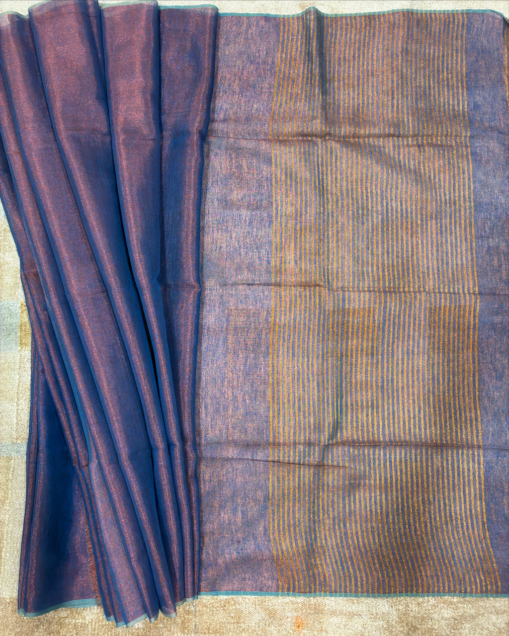 Periwinkle Blue Linen Tissue Saree with Gold Pallu