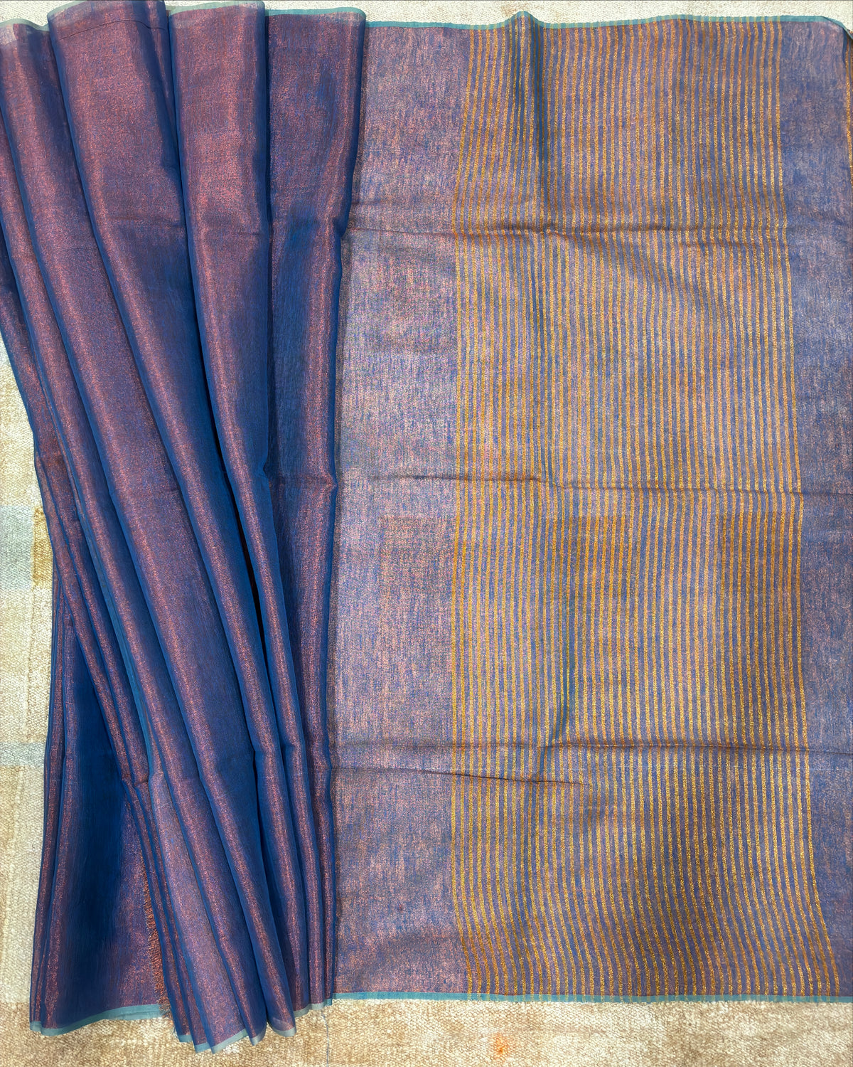 Periwinkle Blue Linen Tissue Saree with Gold Pallu
