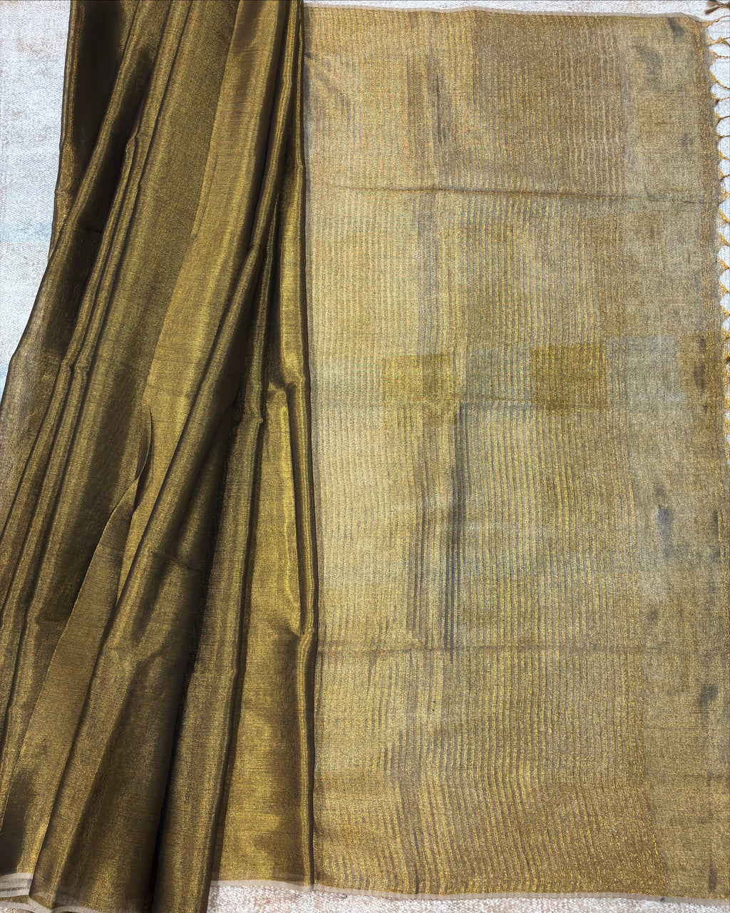 Antique Gold Linen Tissue Saree with Gold Pallu