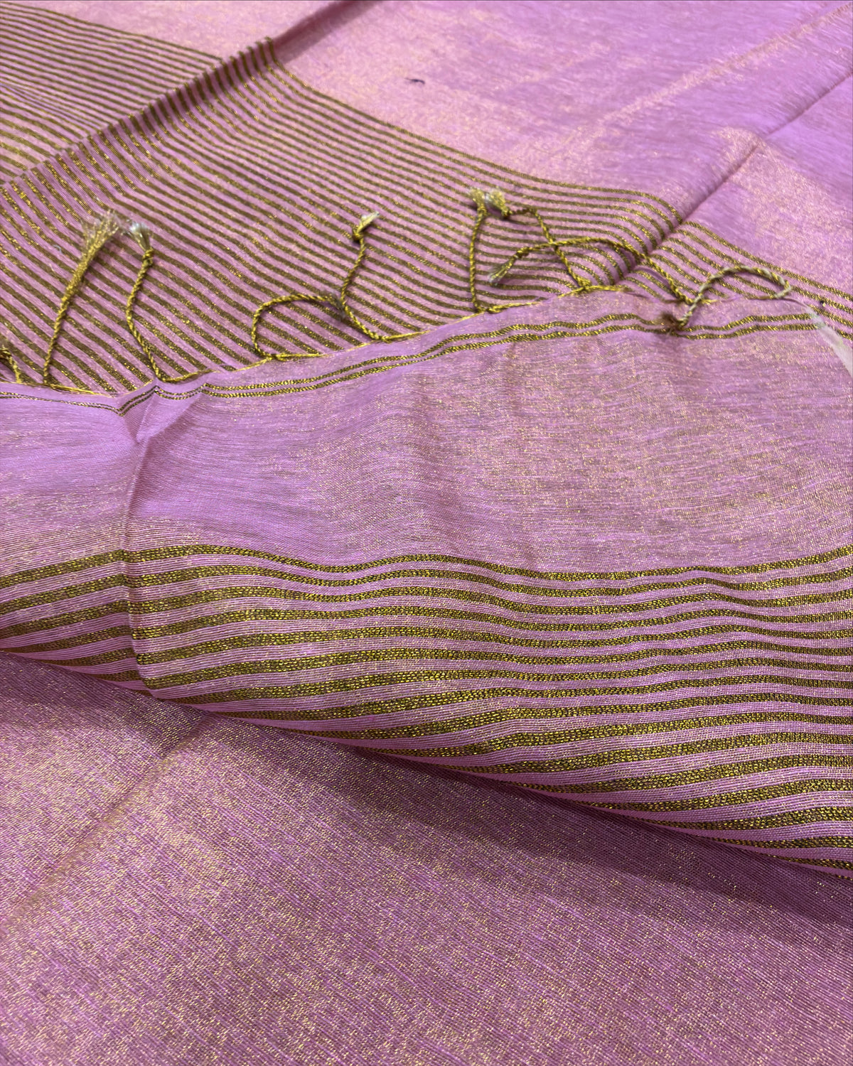 Blush Pink Linen Tissue Saree with Gold Pallu