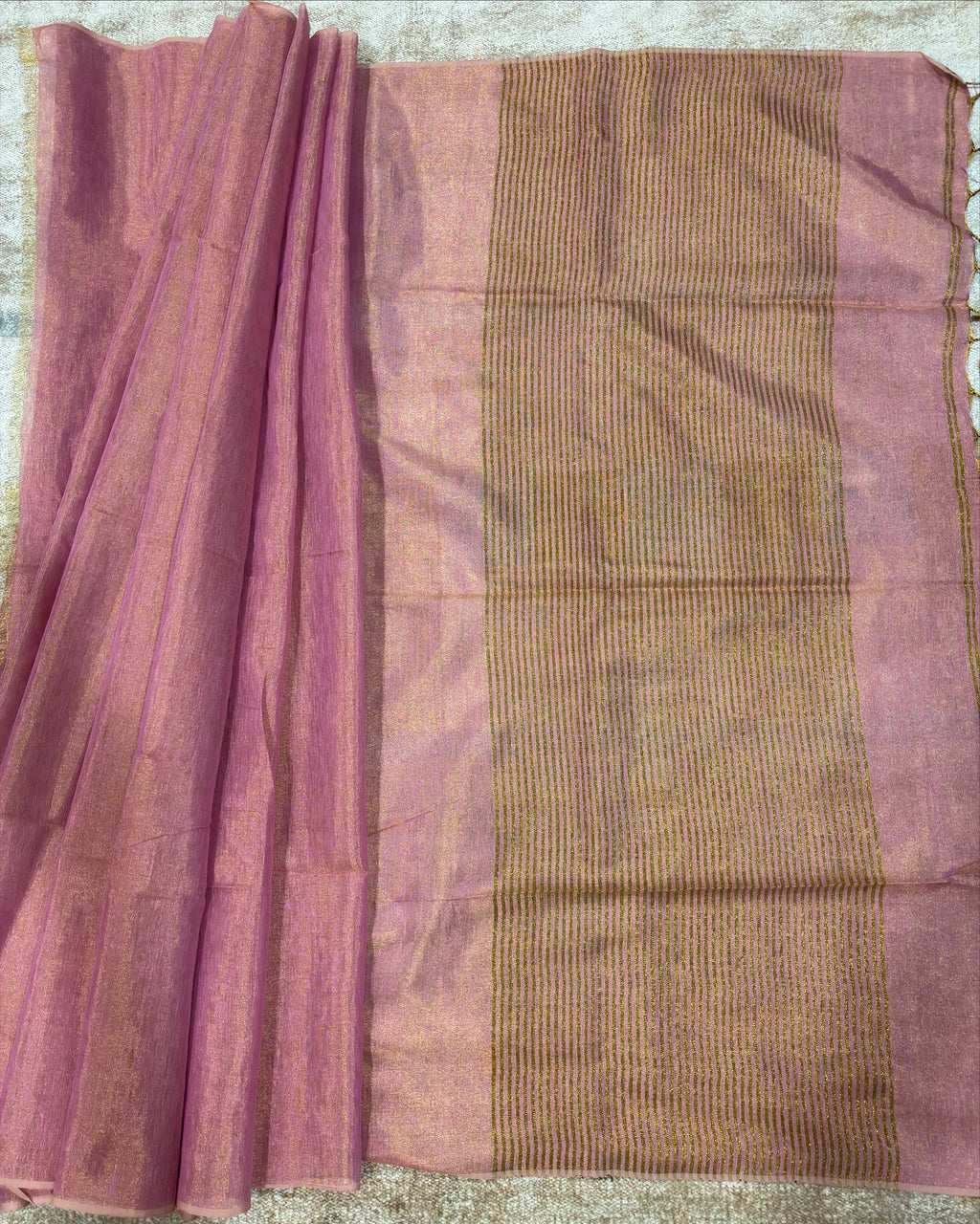 Blush Pink Linen Tissue Saree with Gold Pallu