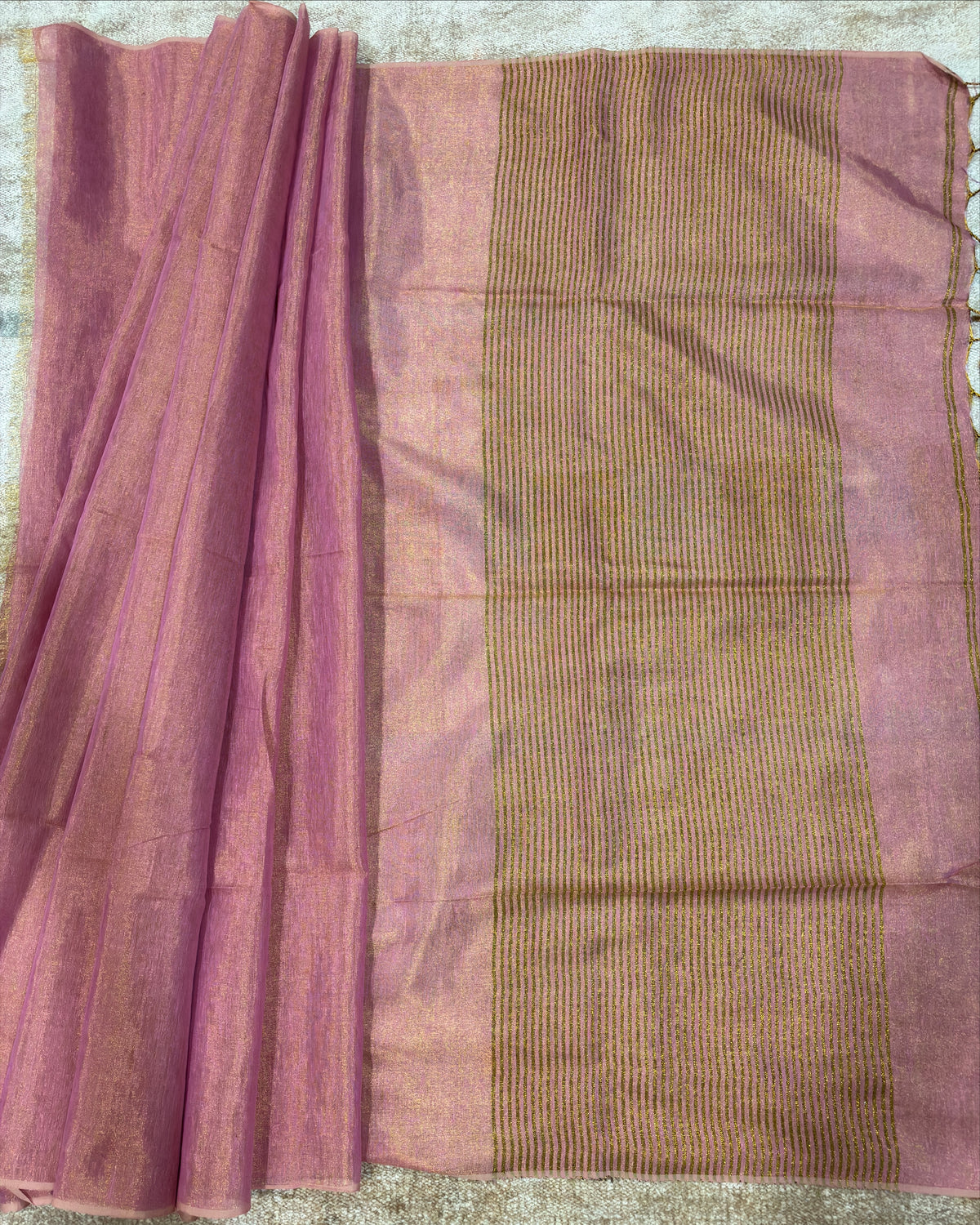 Blush Pink Linen Tissue Saree with Gold Pallu