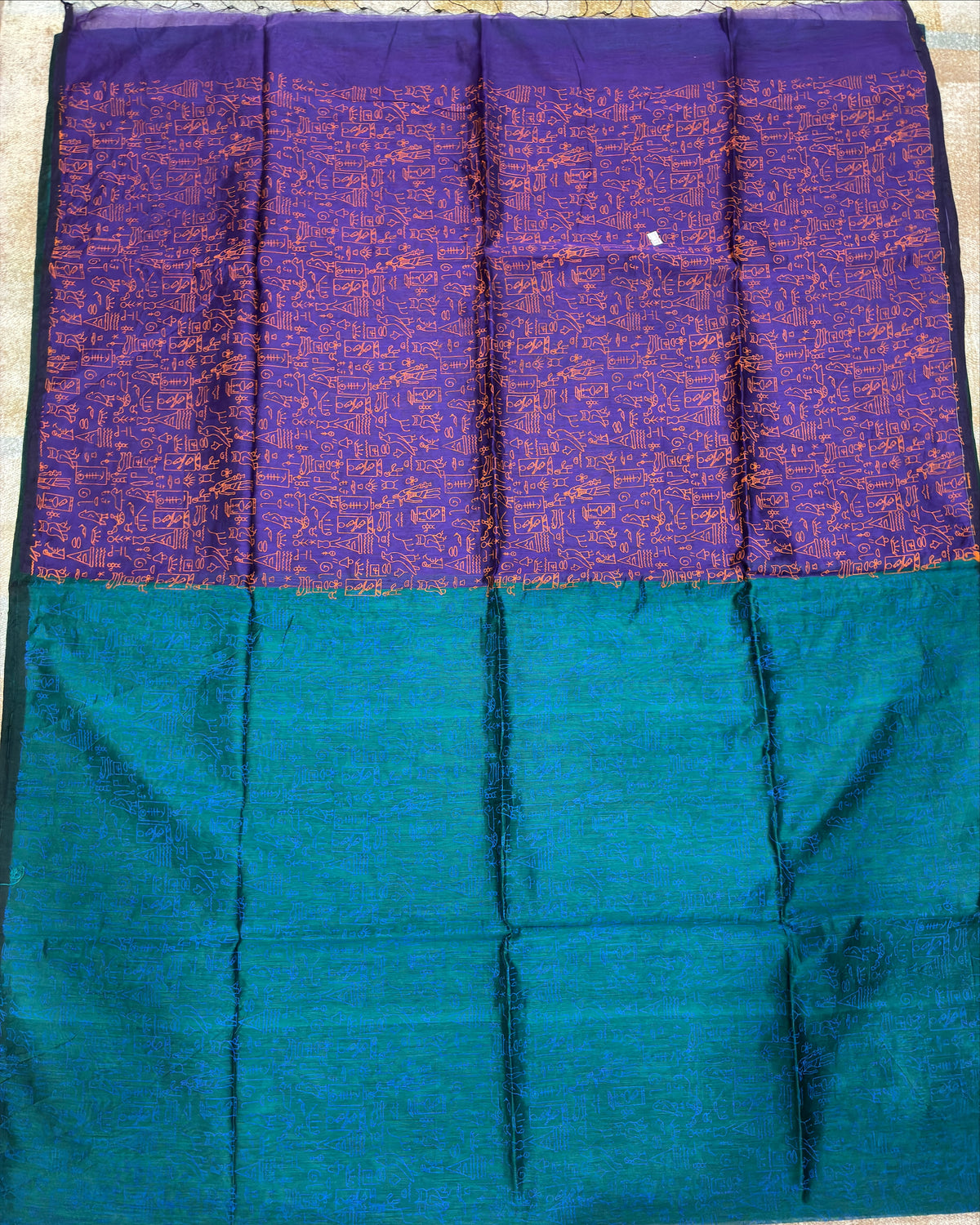 Royal Blue Glyph Block Print Cotton Saree with Teal Contrast