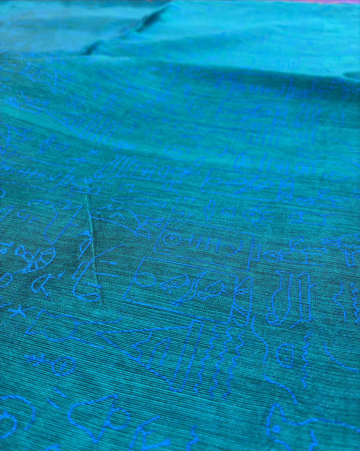 Royal Blue Glyph Block Print Cotton Saree with Teal Contrast