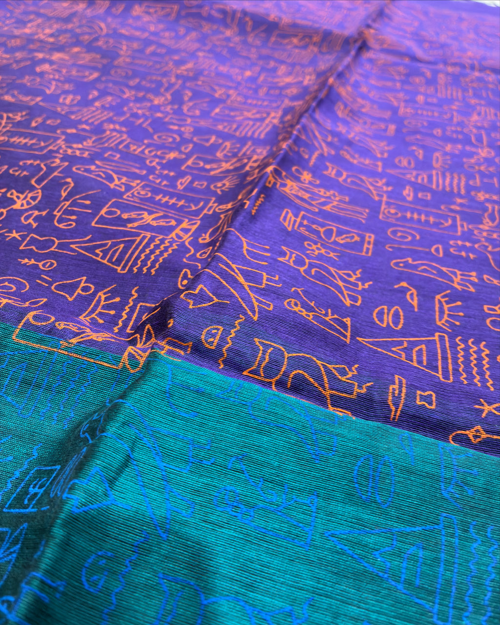 Royal Blue Glyph Block Print Cotton Saree with Teal Contrast