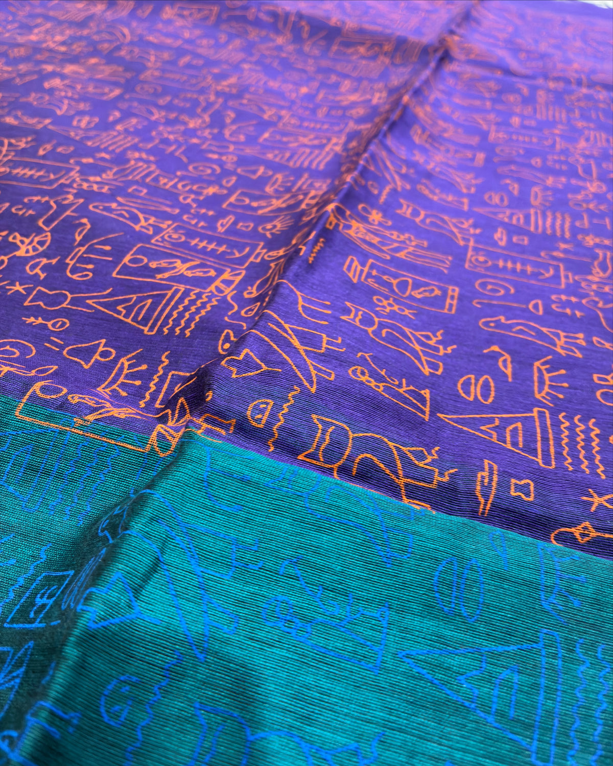 Royal Blue Glyph Block Print Cotton Saree with Teal Contrast