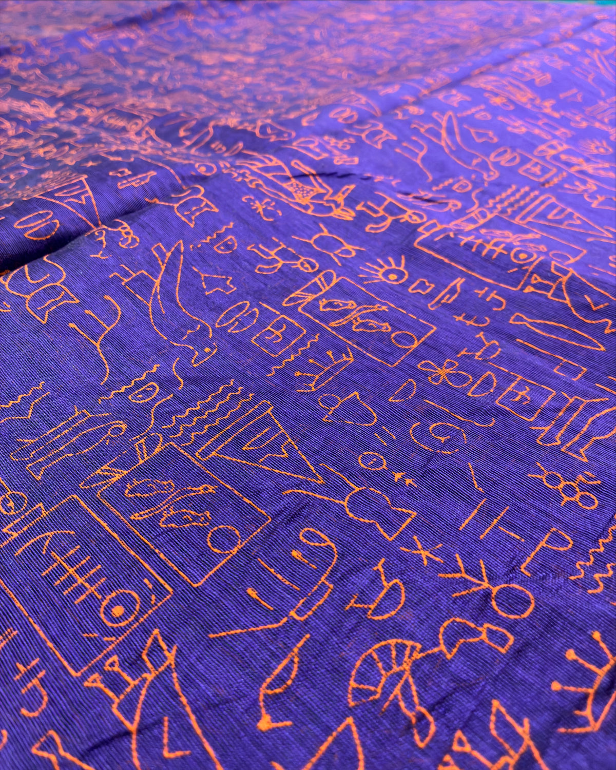 Royal Blue Glyph Block Print Cotton Saree with Teal Contrast