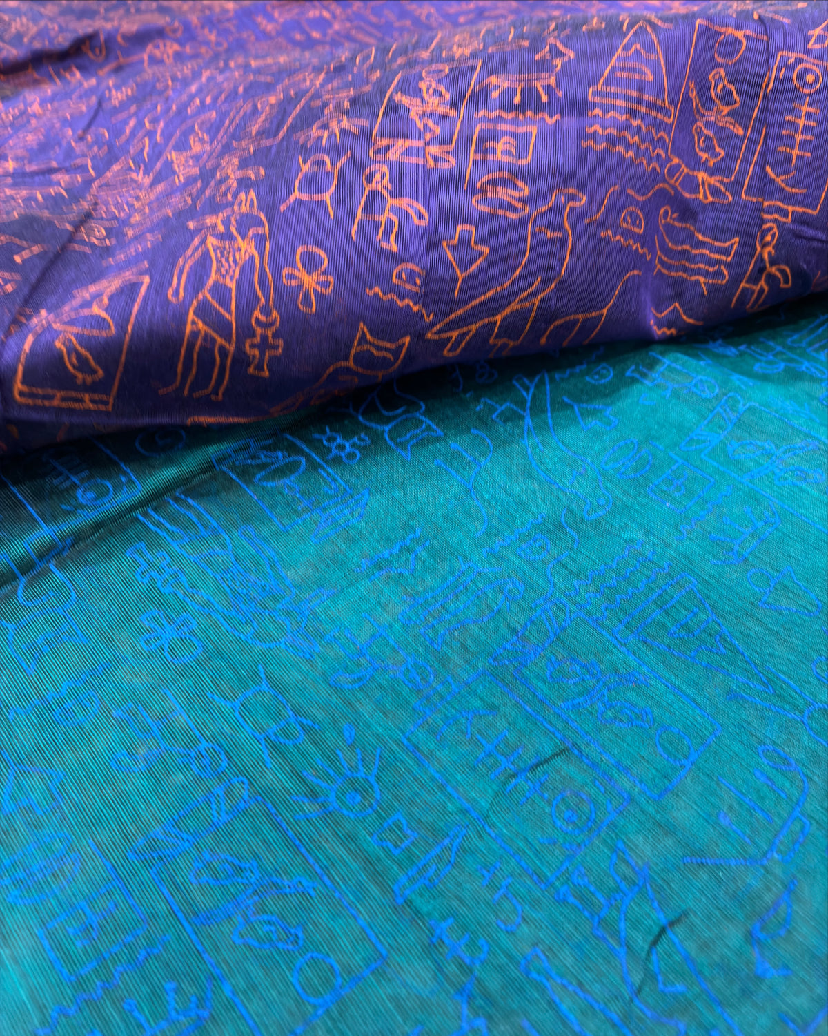 Royal Blue Glyph Block Print Cotton Saree with Teal Contrast