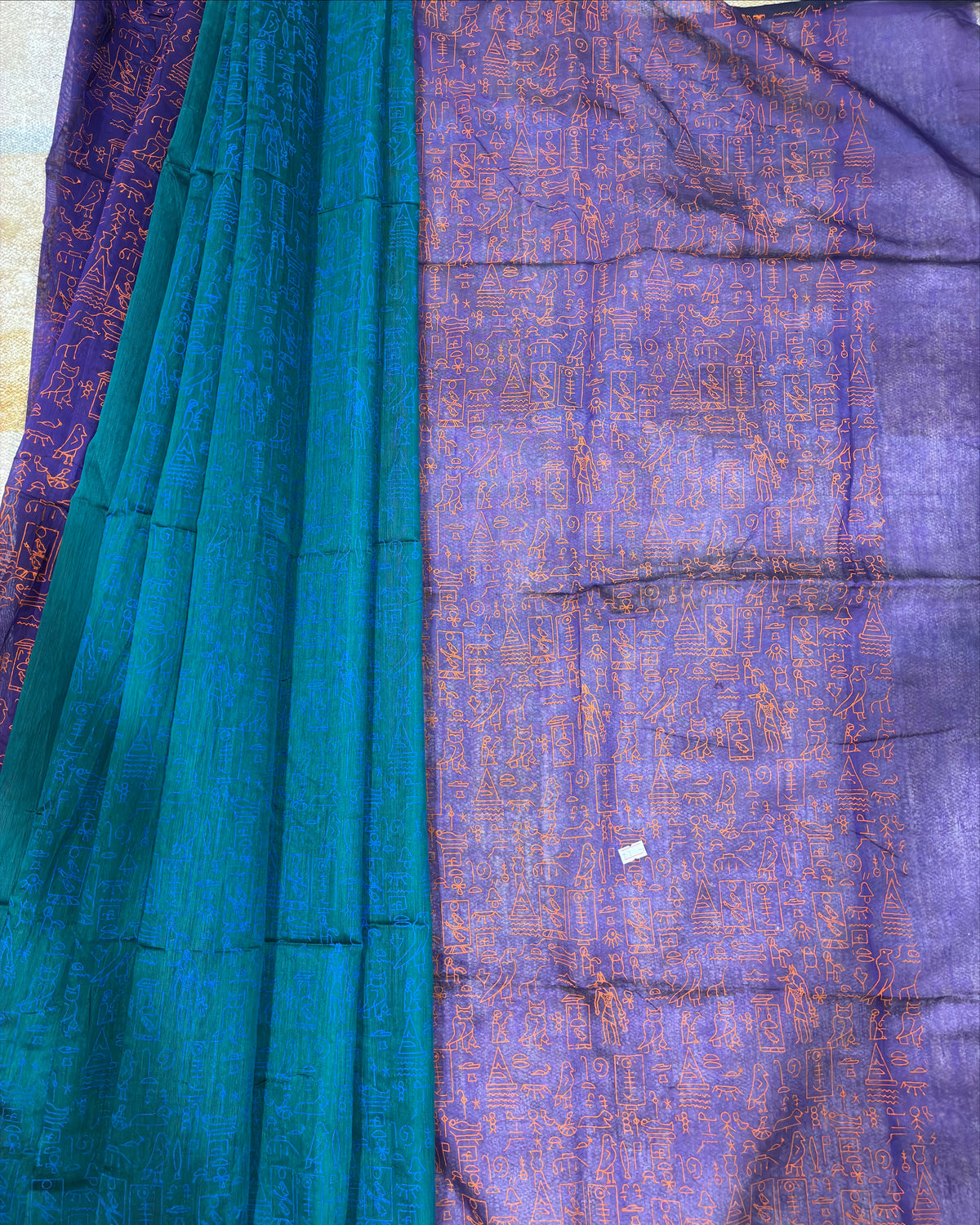 Royal Blue Glyph Block Print Cotton Saree with Teal Contrast