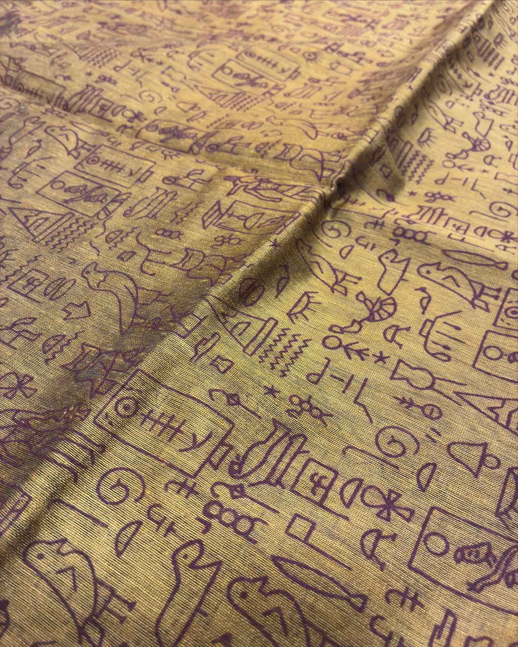 Antique Mustard & Raspberry Pink Glyph Block Print Cotton Saree
