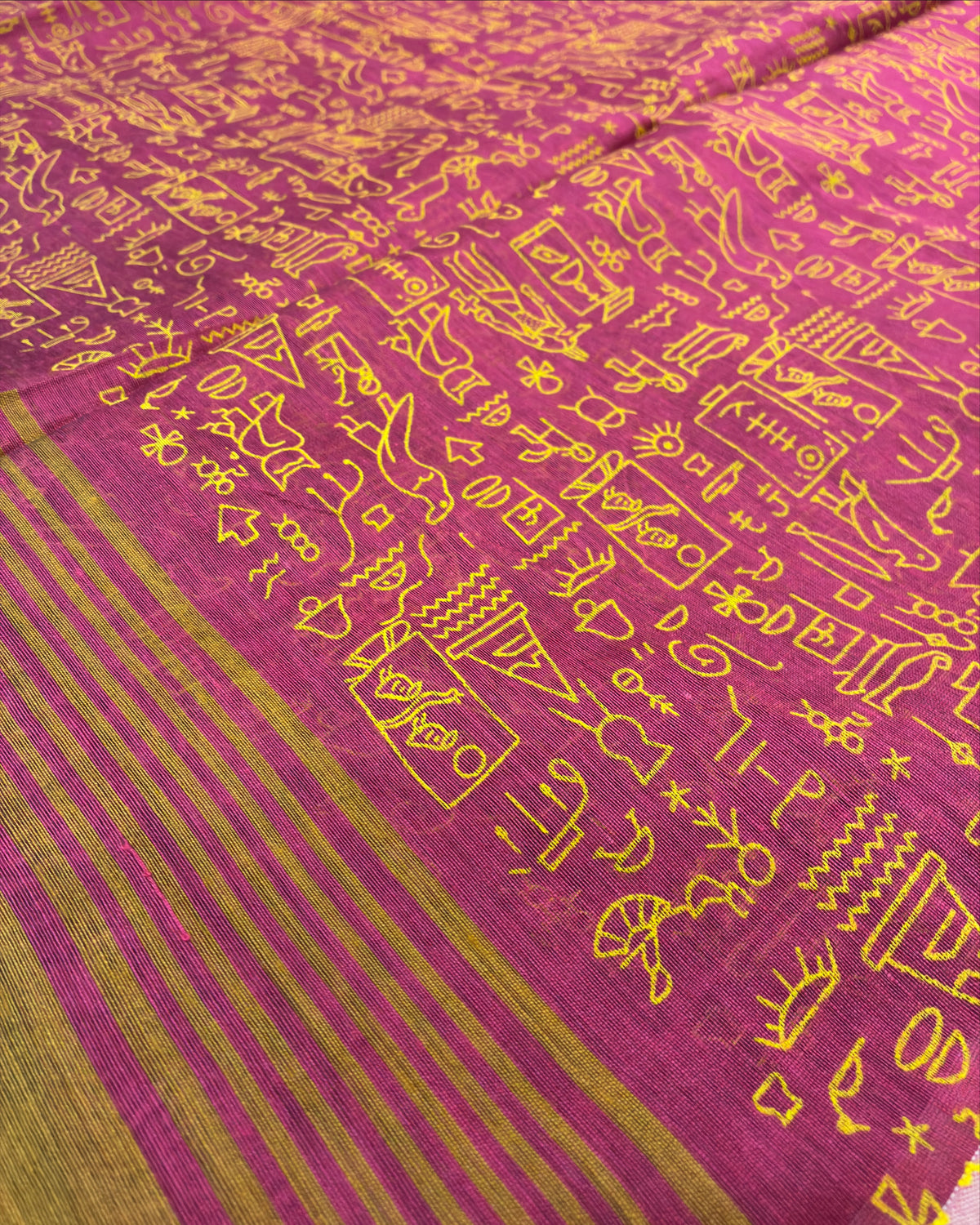 Antique Mustard & Raspberry Pink Glyph Block Print Cotton Saree