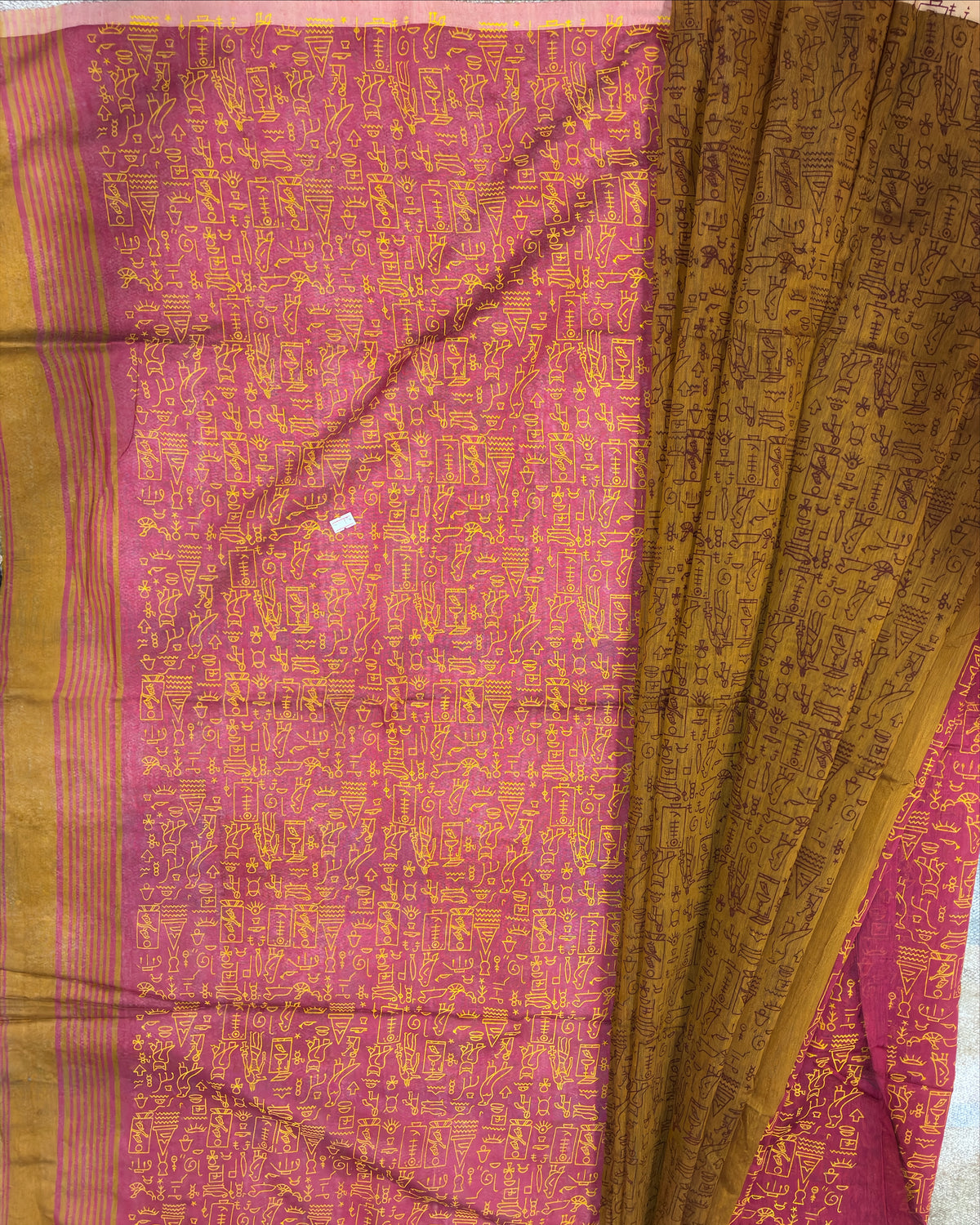 Antique Mustard & Raspberry Pink Glyph Block Print Cotton Saree