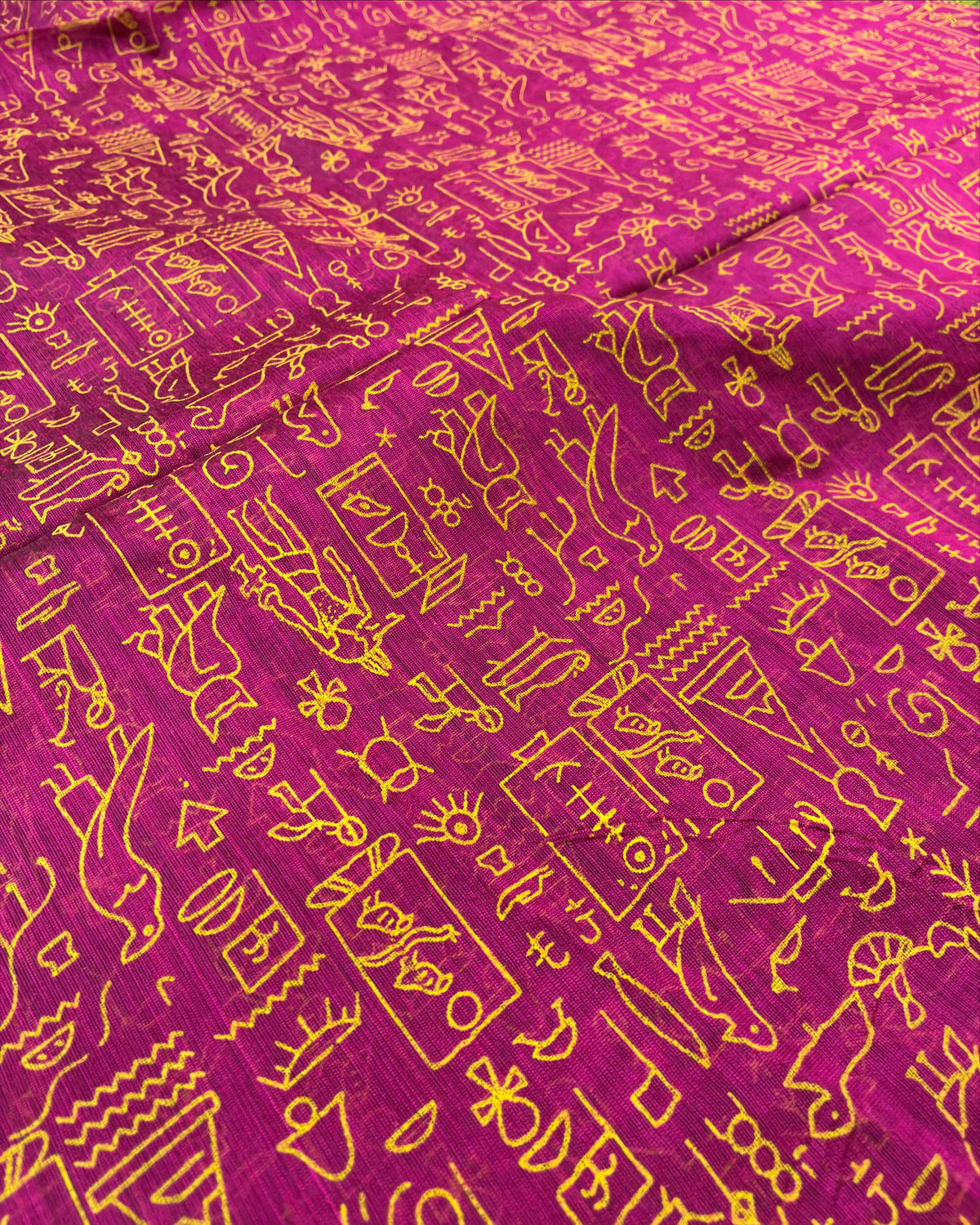 Olive Green & Magenta Glyph Block Print Cotton Saree