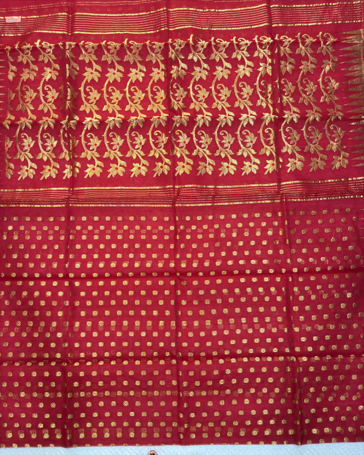 Red Muslin Saree with Golden Zari Work