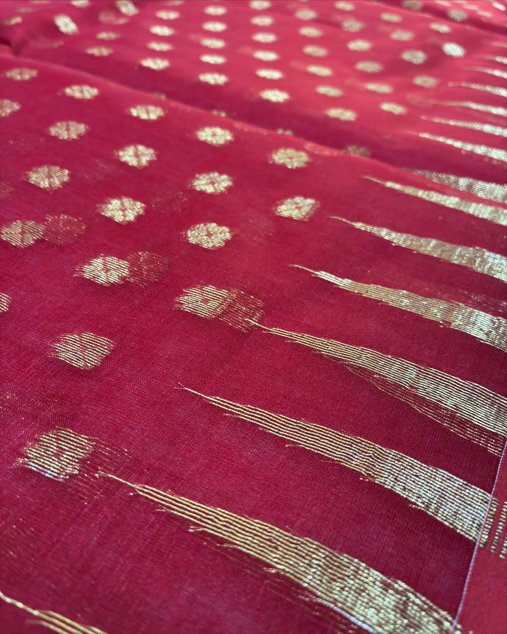 Red Muslin Saree with Golden Zari Work
