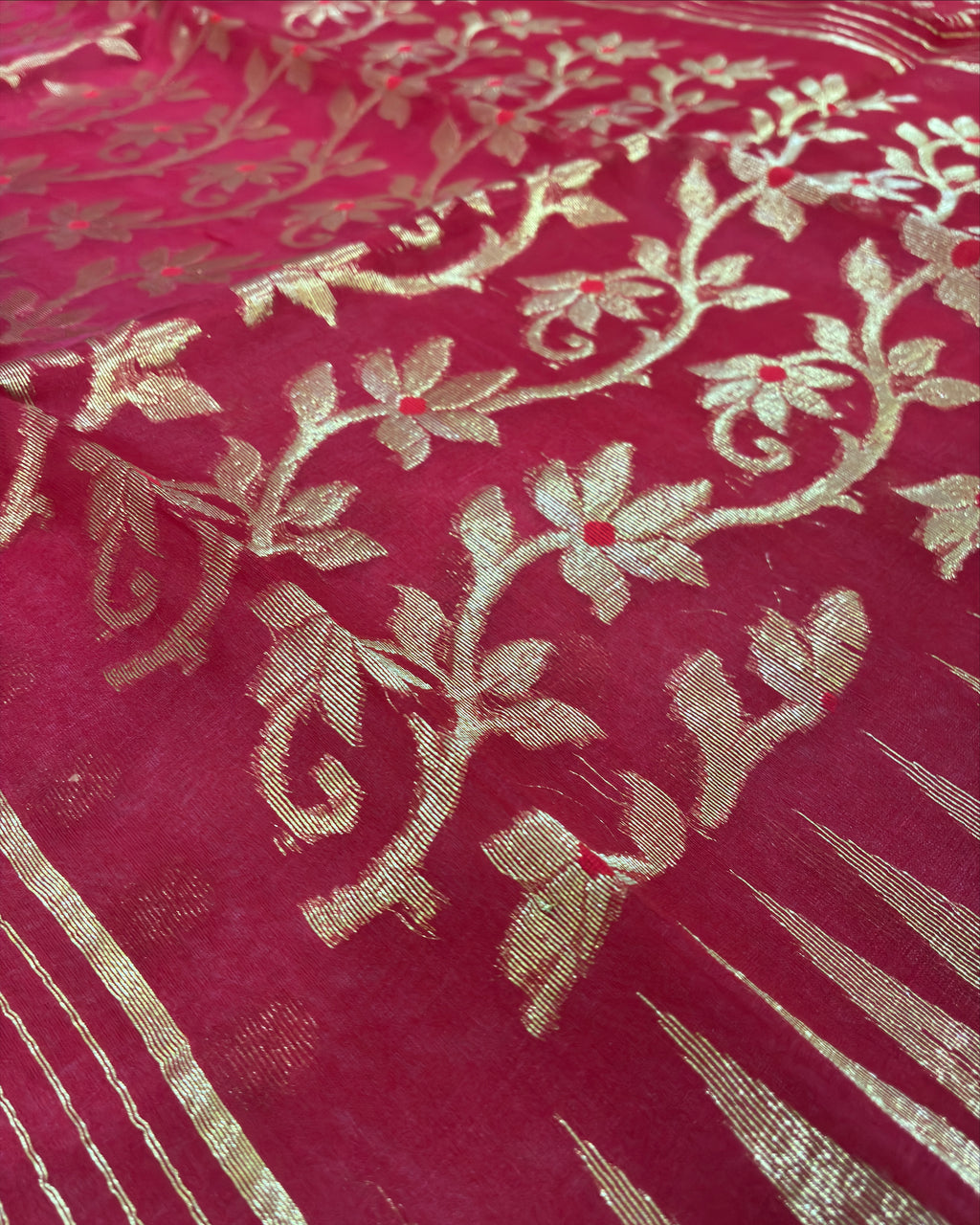 Red Muslin Saree with Golden Zari Work
