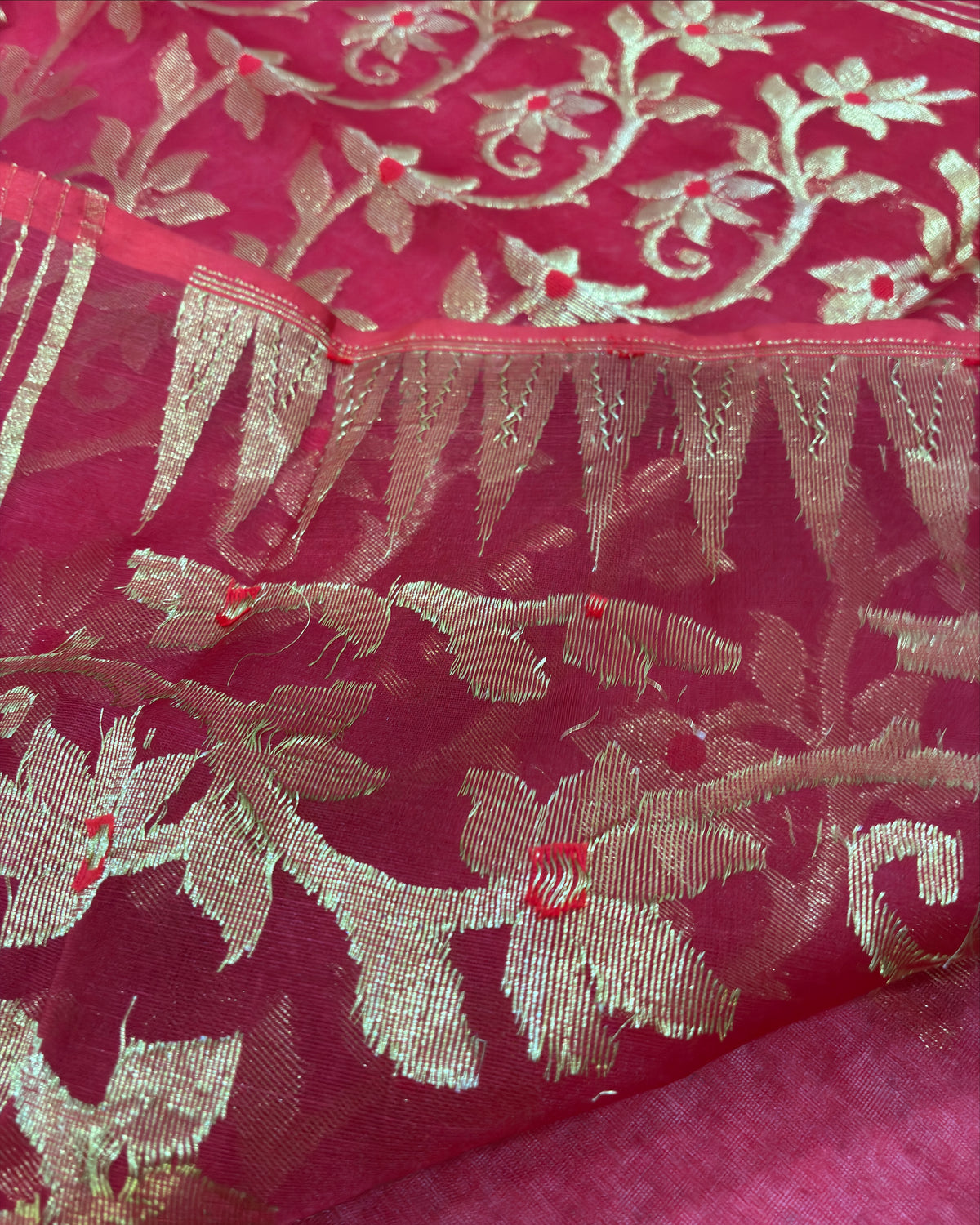 Red Muslin Saree with Golden Zari Work