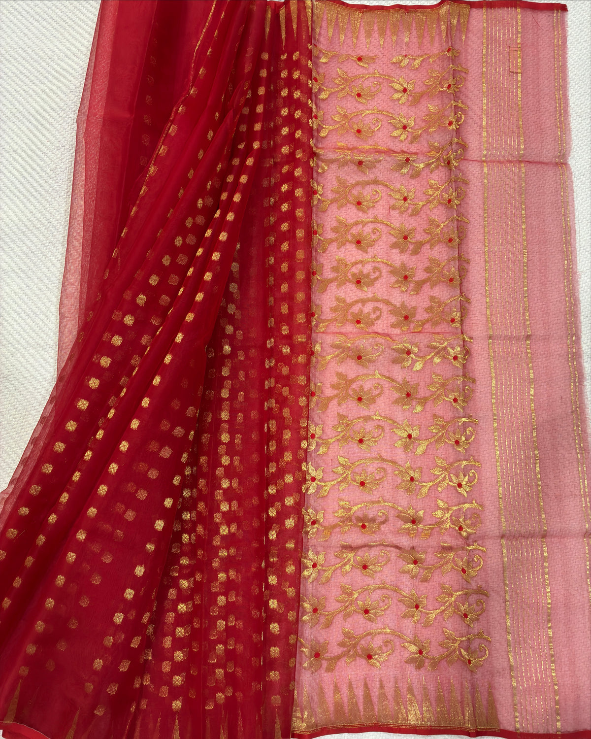 Red Muslin Saree with Golden Zari Work