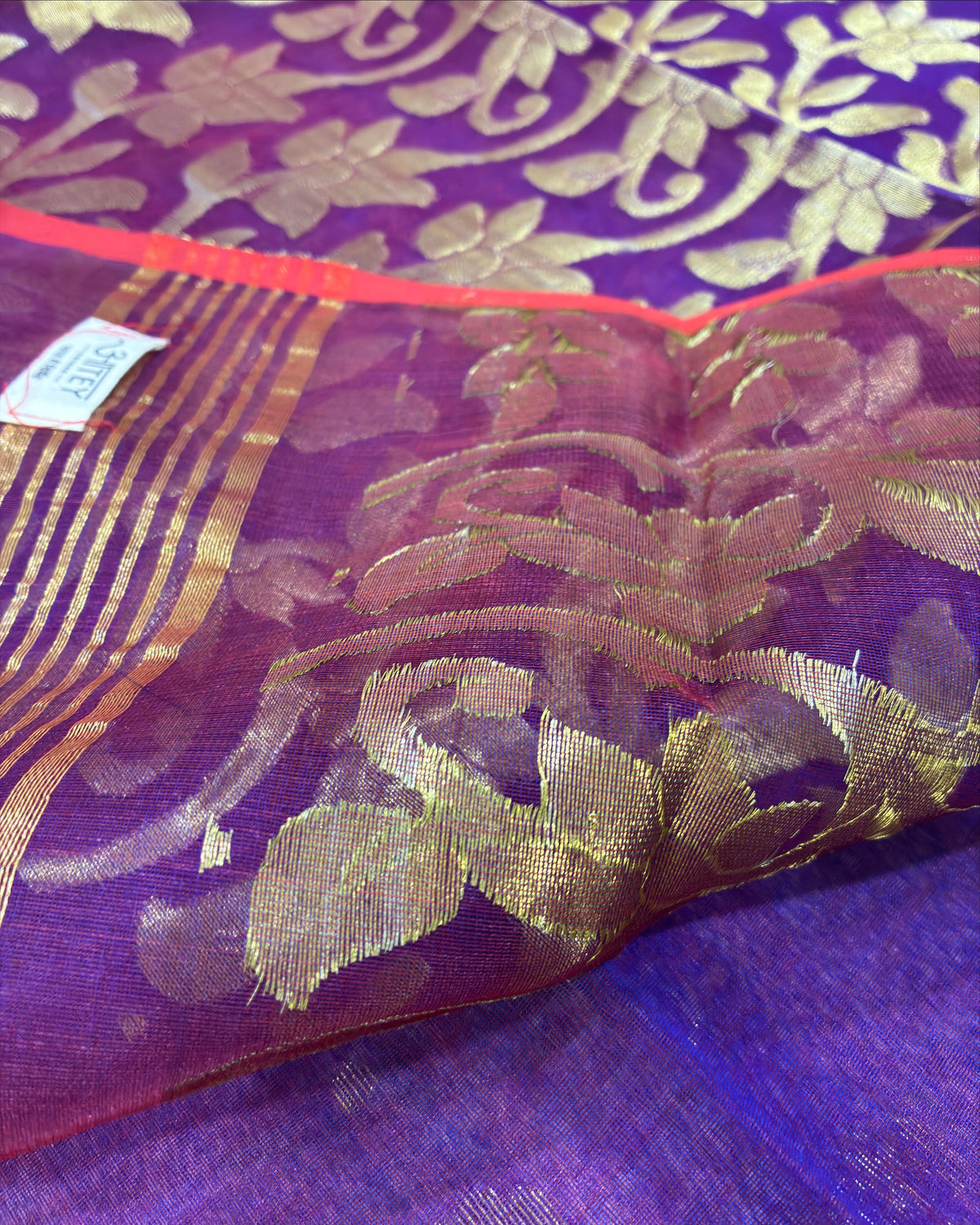 Purple Muslin Saree with Golden Zari Work