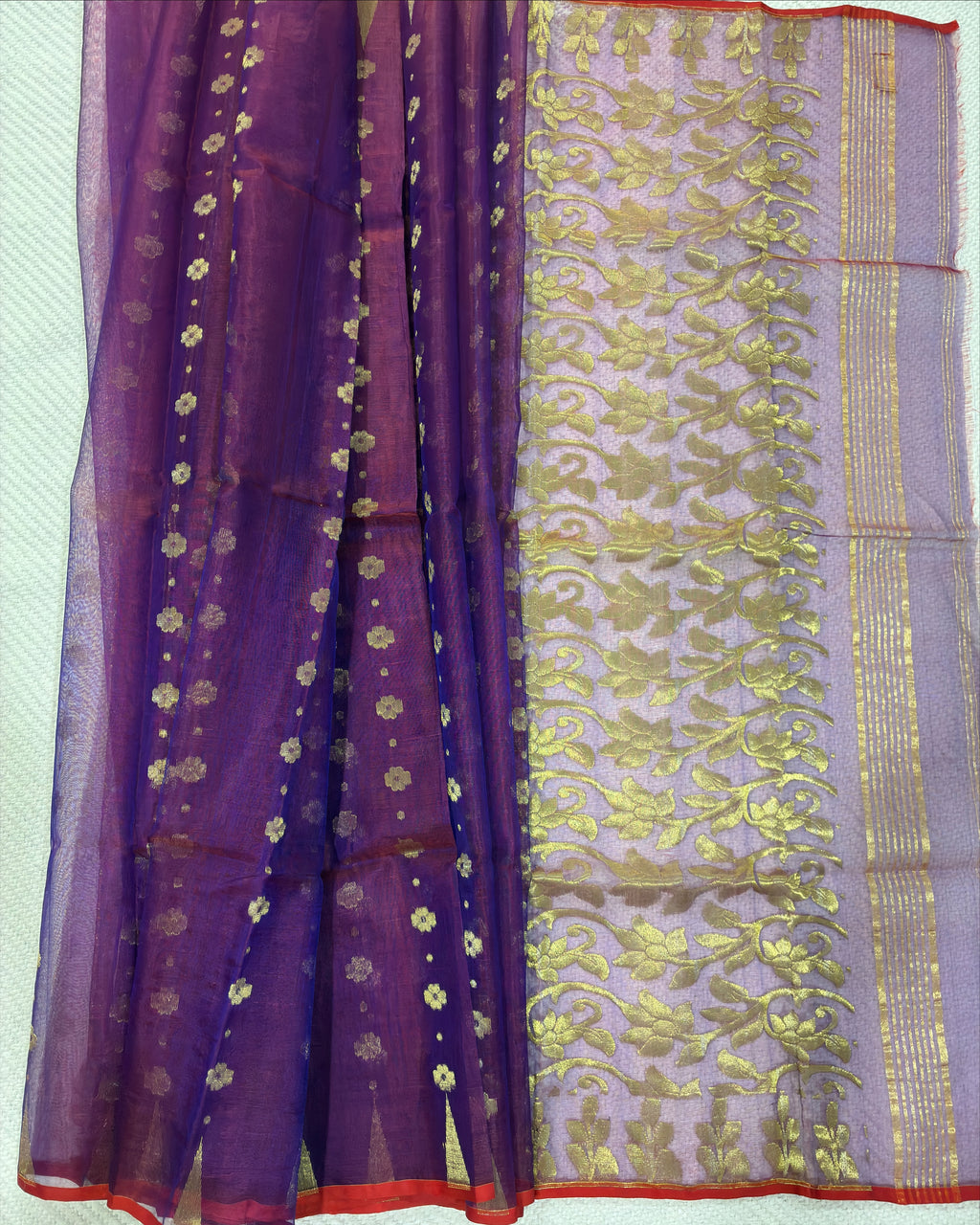 Purple Muslin Saree with Golden Zari Work