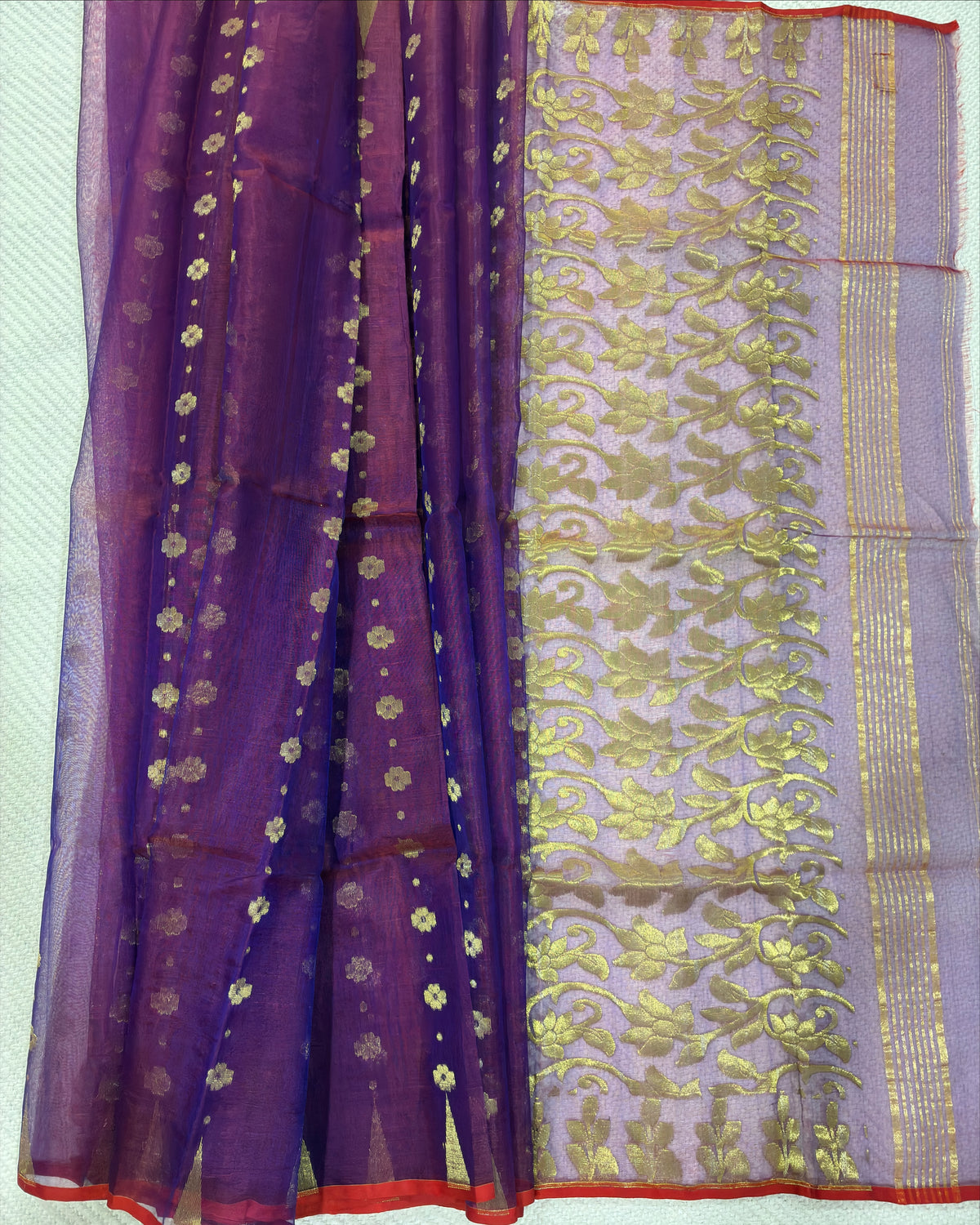 Purple Muslin Saree with Golden Zari Work