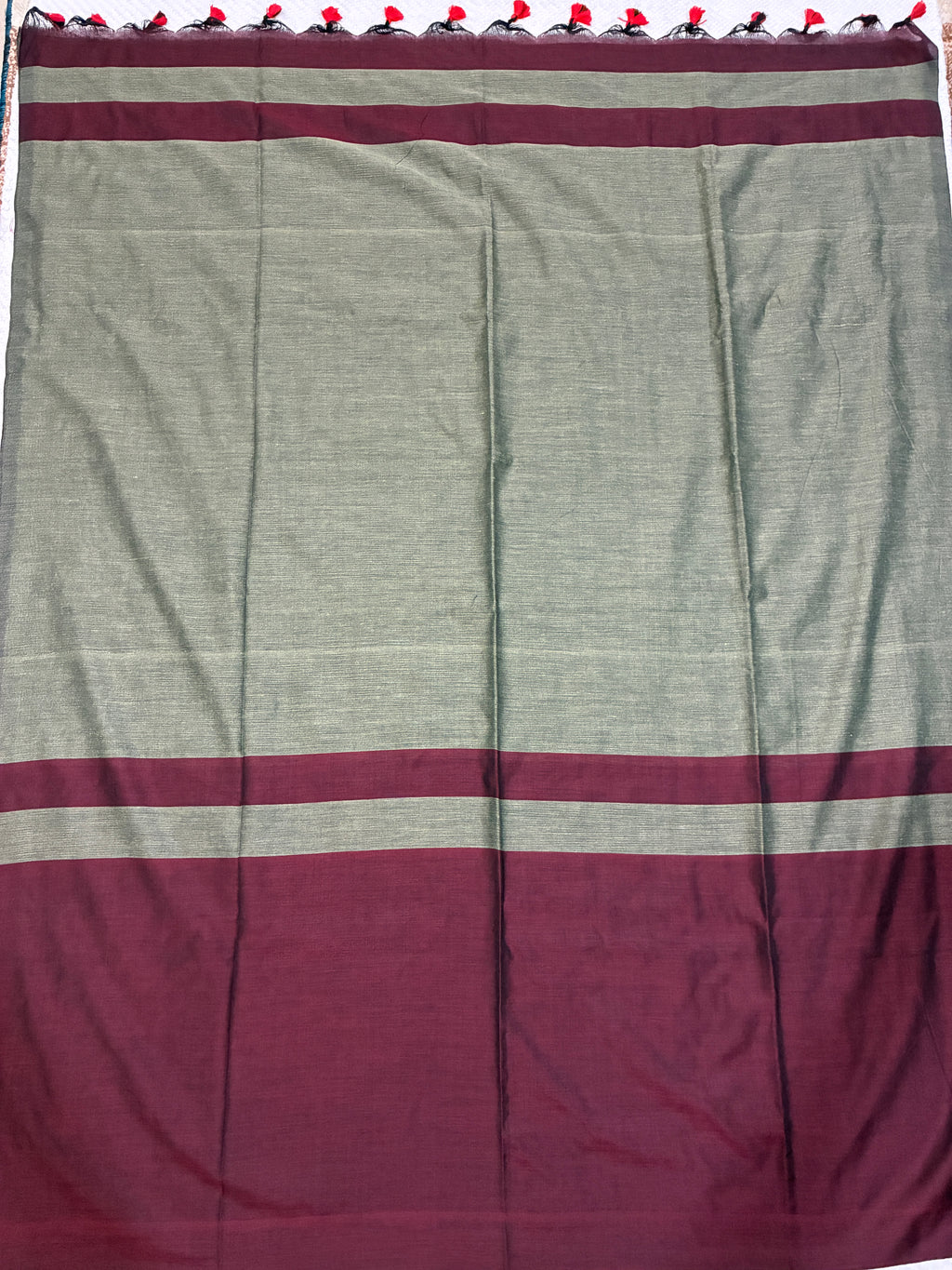 Maroon Khadi Saree with Ash Green Pallu