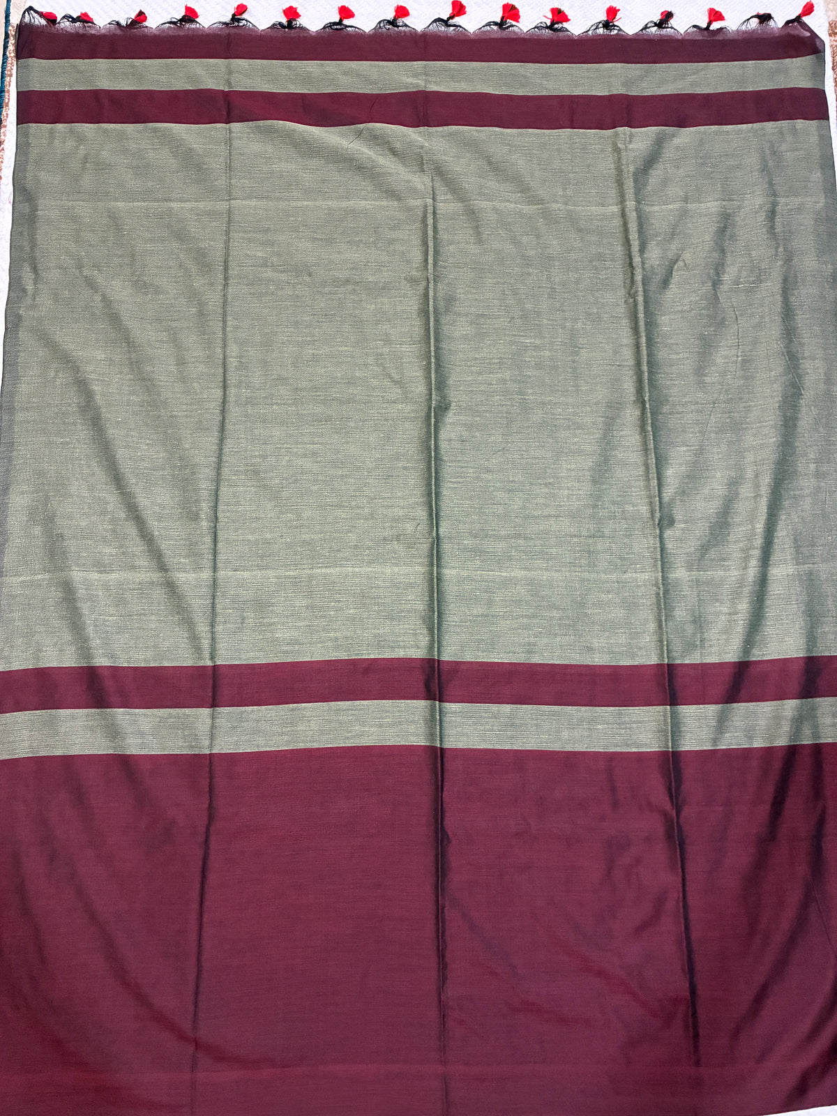 Maroon Khadi Saree with Ash Green Pallu