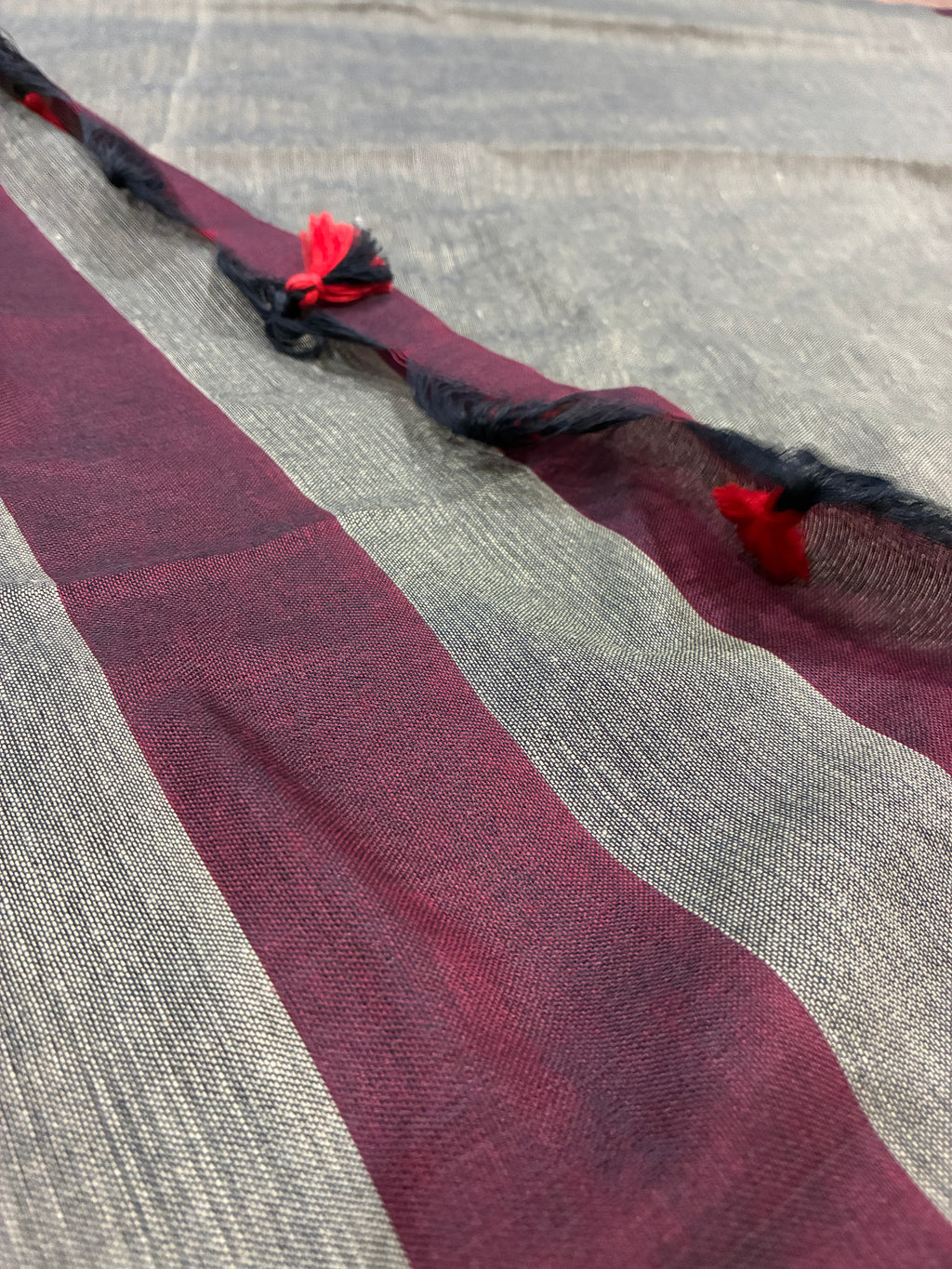 Maroon Khadi Saree with Ash Green Pallu