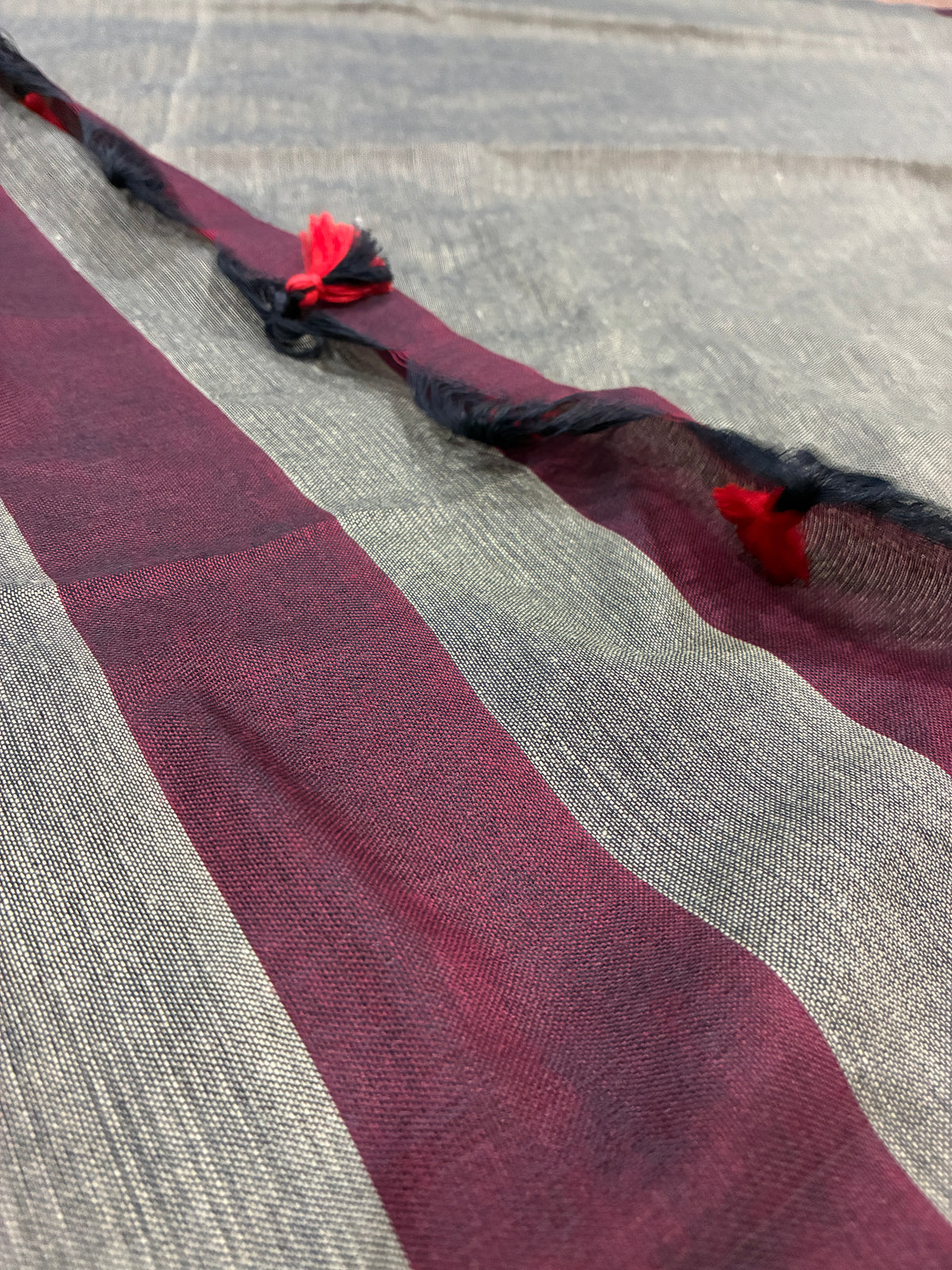 Maroon Khadi Saree with Ash Green Pallu