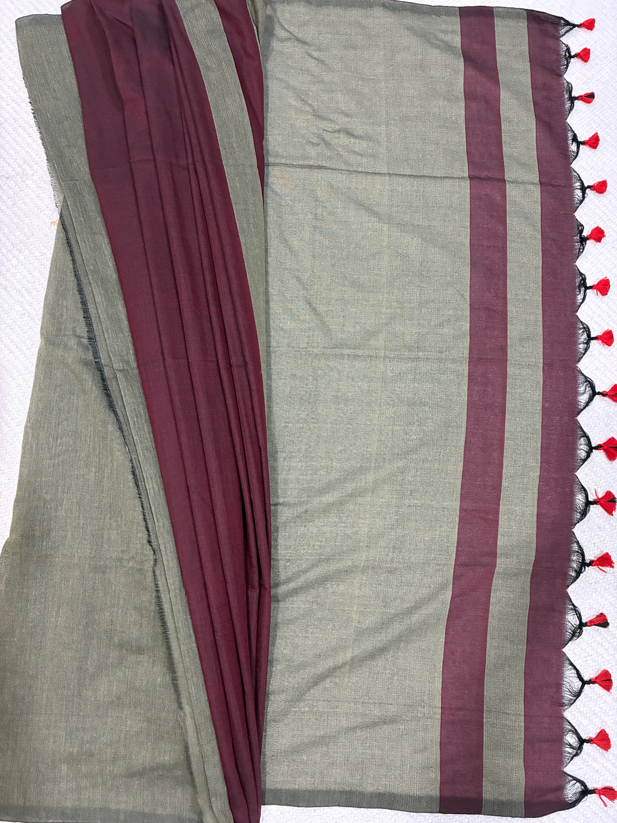 Maroon Khadi Saree with Ash Green Pallu