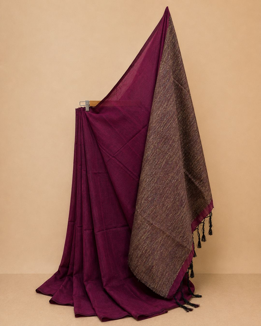 Wine Magenta Katia Ghicha Saree with Antique Bronze-Gold Pallu