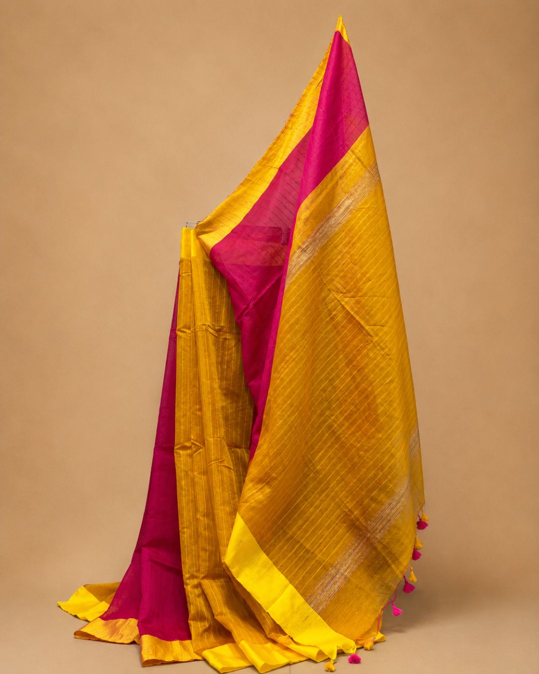 Rani Pink Dola Saree with Yellow Border