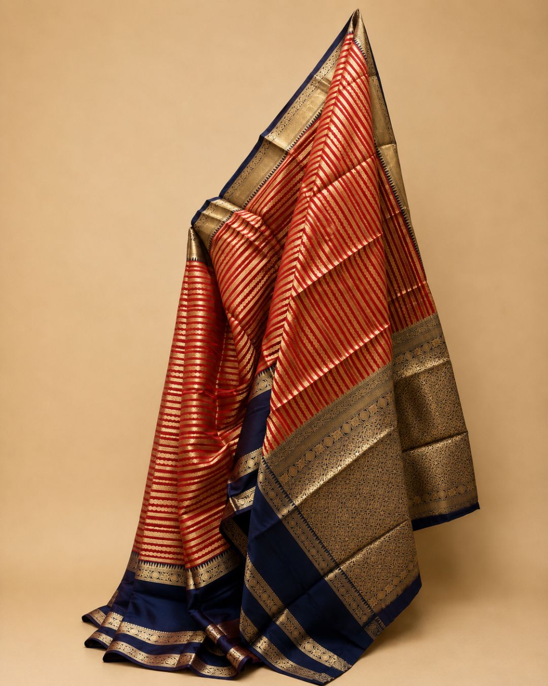 Red & Royal Blue Pattu Silk Saree with Gold Zari Pallu