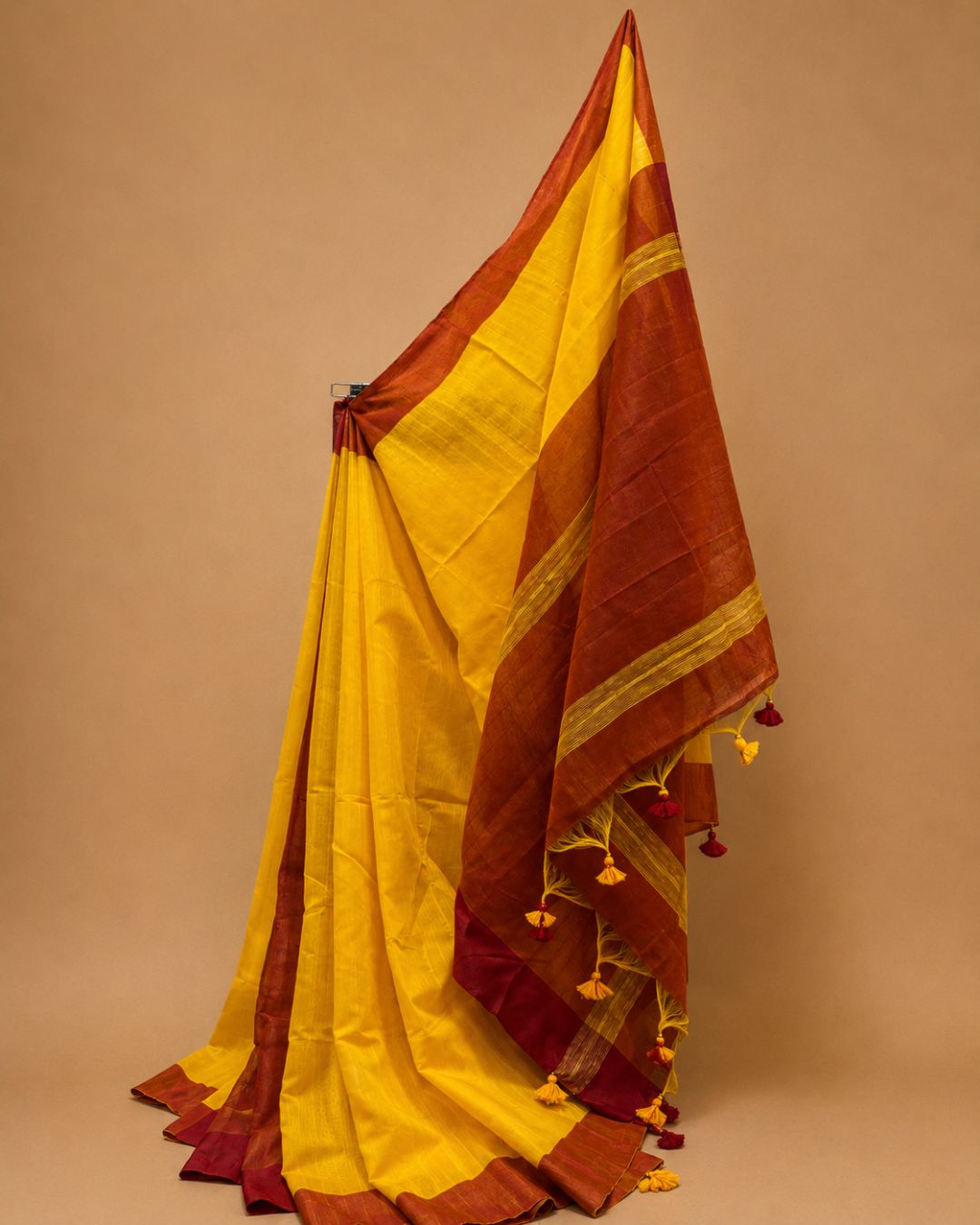 Golden Yellow Dola Saree with Red Pallu & Tassels