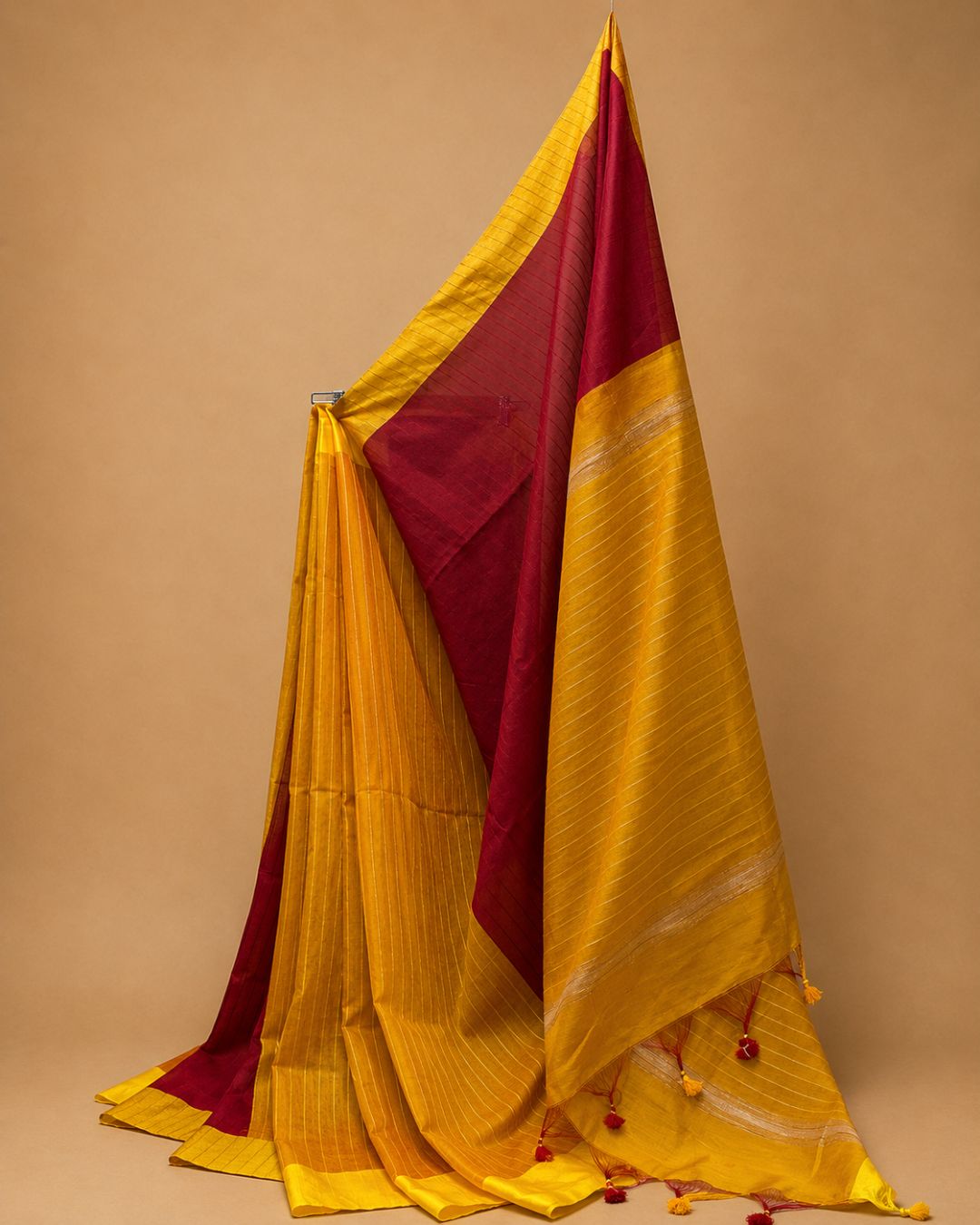 Red Dola Saree with Yellow Pallu & Tassels